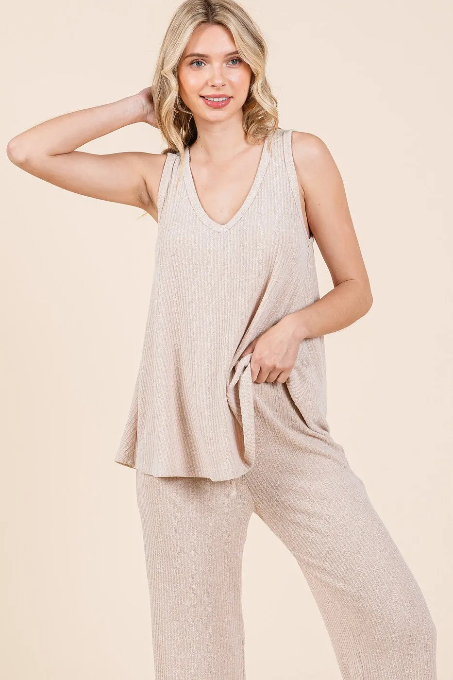 Beige Rib Knit Tank and Pant Set sold by Pinkblush product image thumbnail 3