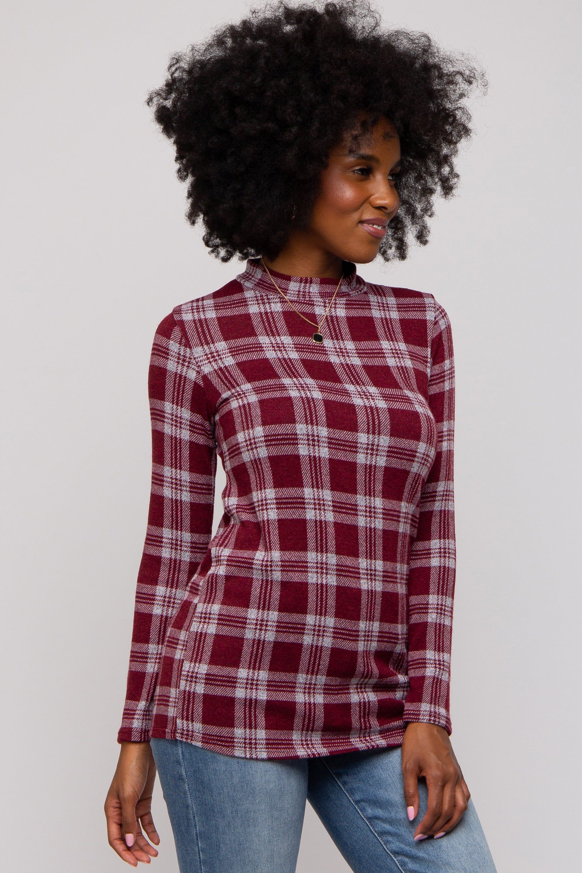 Burgundy Plaid Mock Neck Brushed Long Sleeve Top sold by Pinkblush product image thumbnail 3