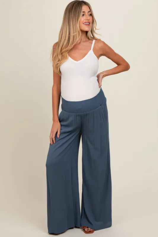 Blue Wide Smock Waist Maternity Pants sold by Pinkblush