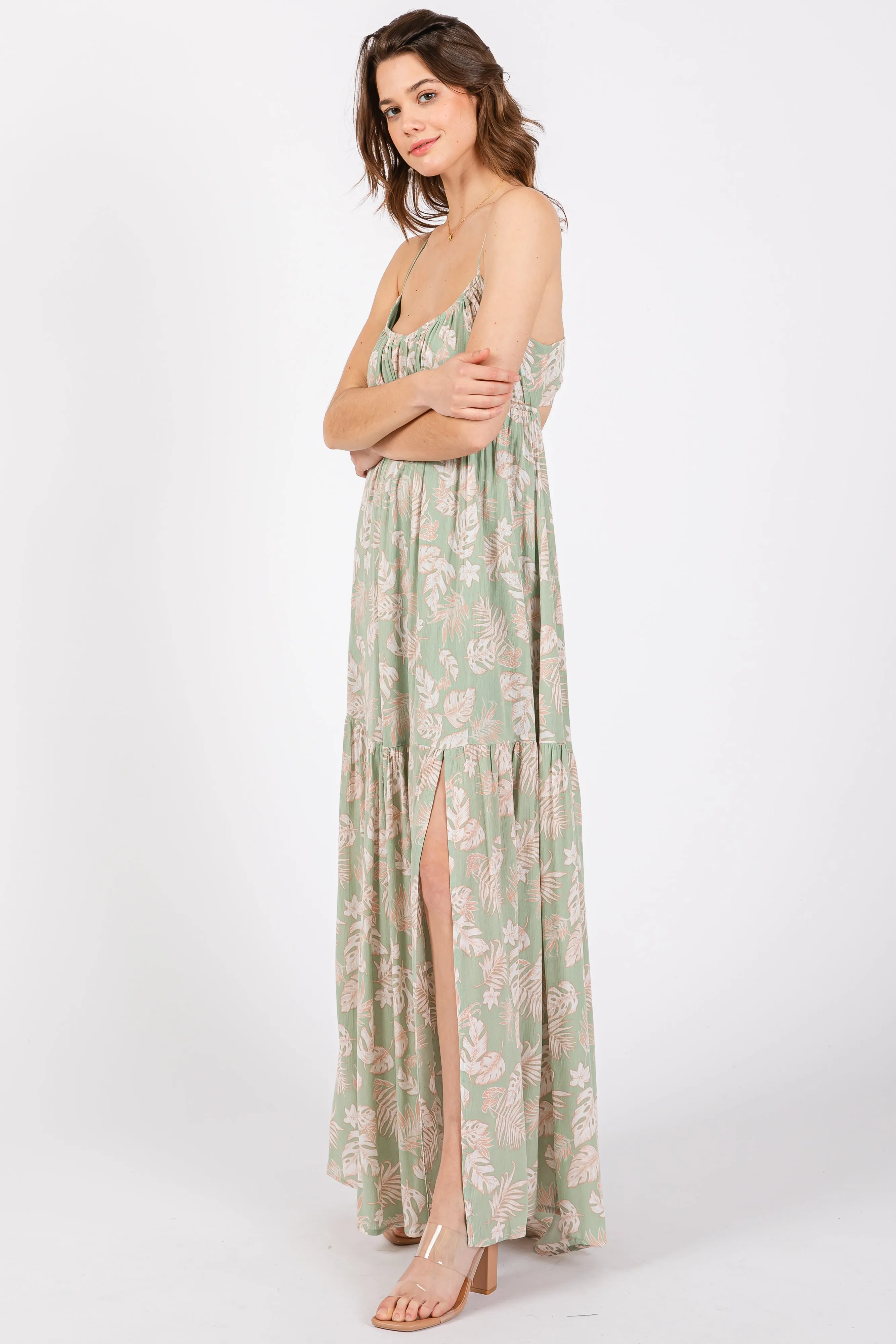 Light Olive Foral Front Cutout Open Cross Back Maxi Dress sold by Pinkblush product image thumbnail 2