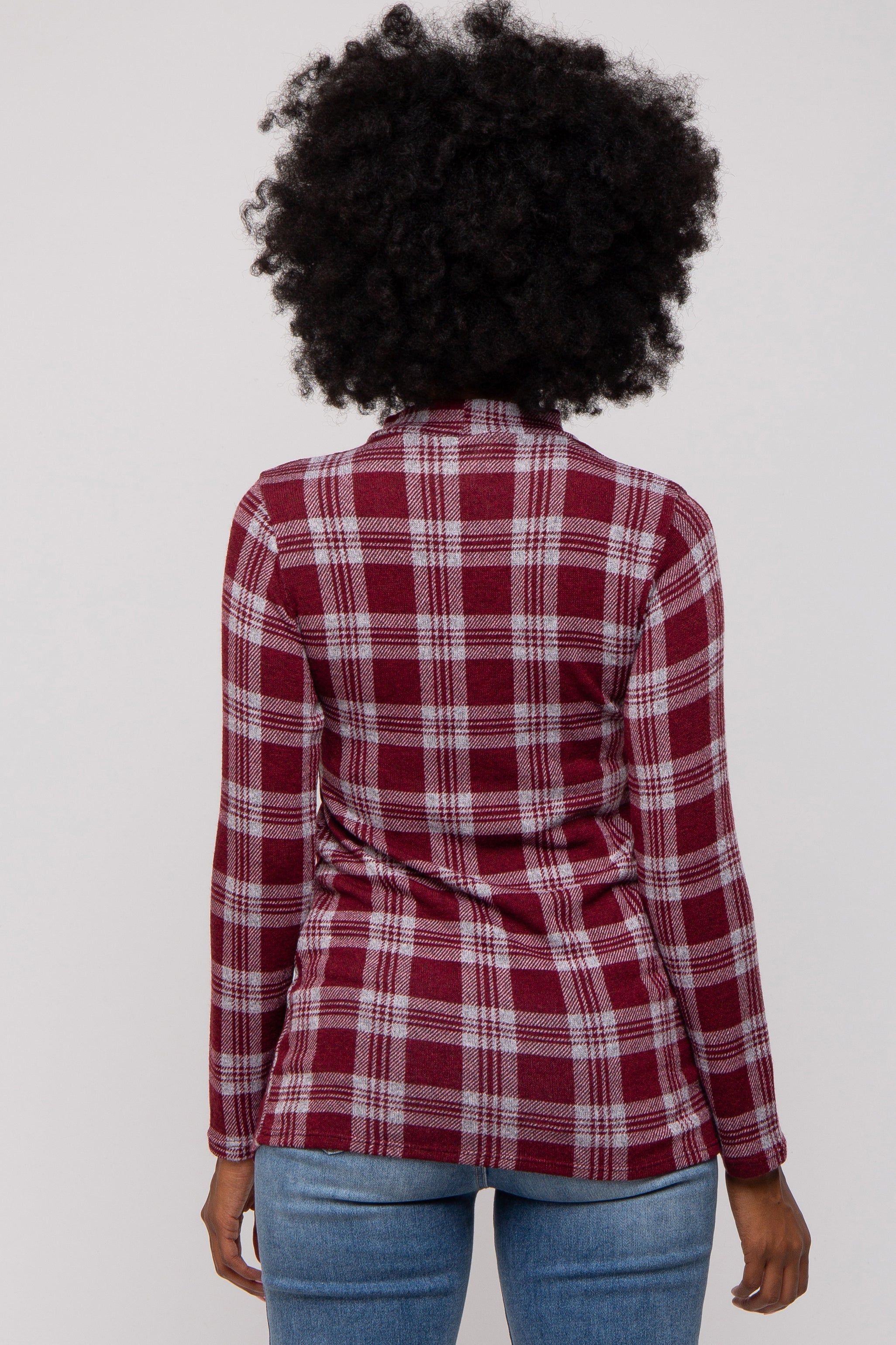 Burgundy Plaid Mock Neck Brushed Long Sleeve Top sold by Pinkblush product image thumbnail 4