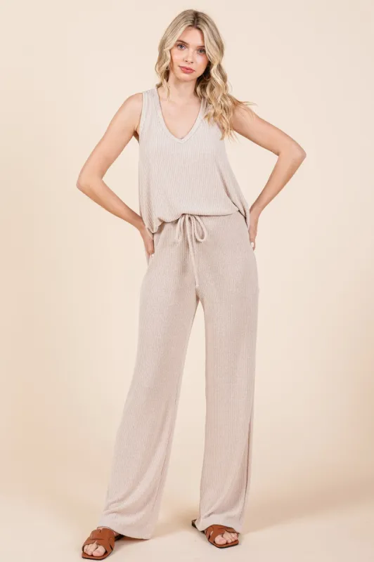 Beige Rib Knit Tank and Pant Set sold by Pinkblush