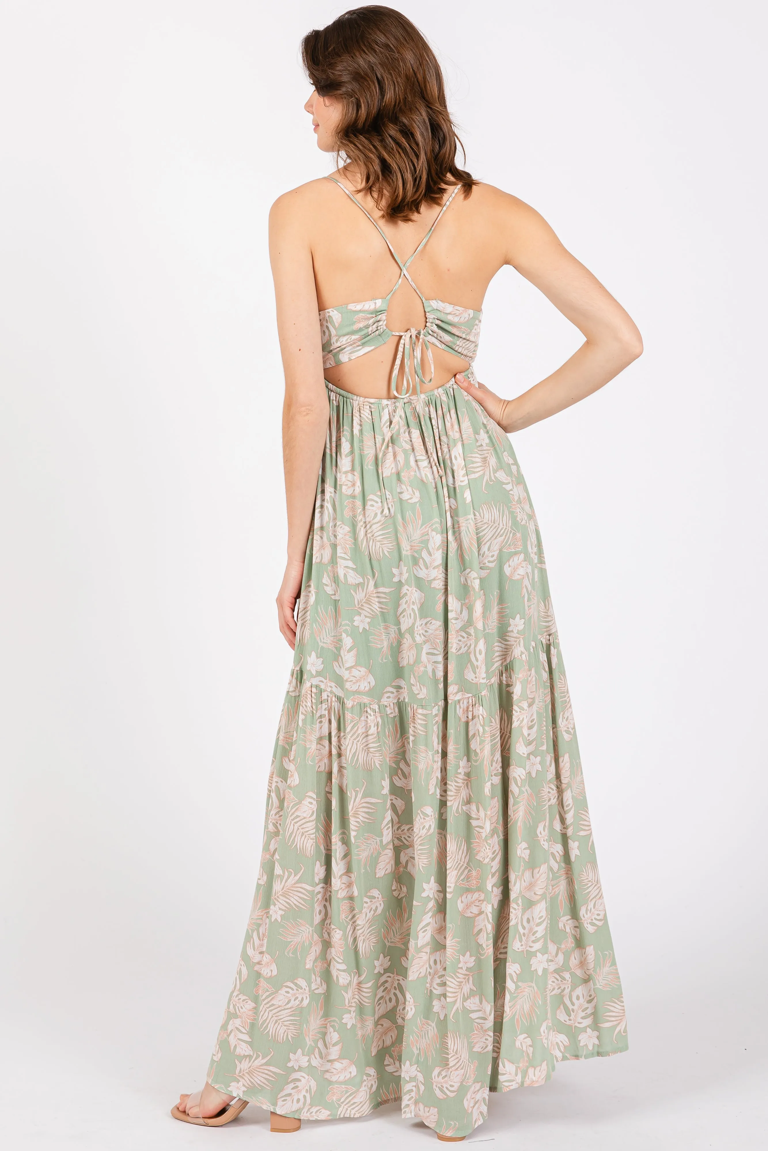 Light Olive Foral Front Cutout Open Cross Back Maxi Dress sold by Pinkblush product image thumbnail 3