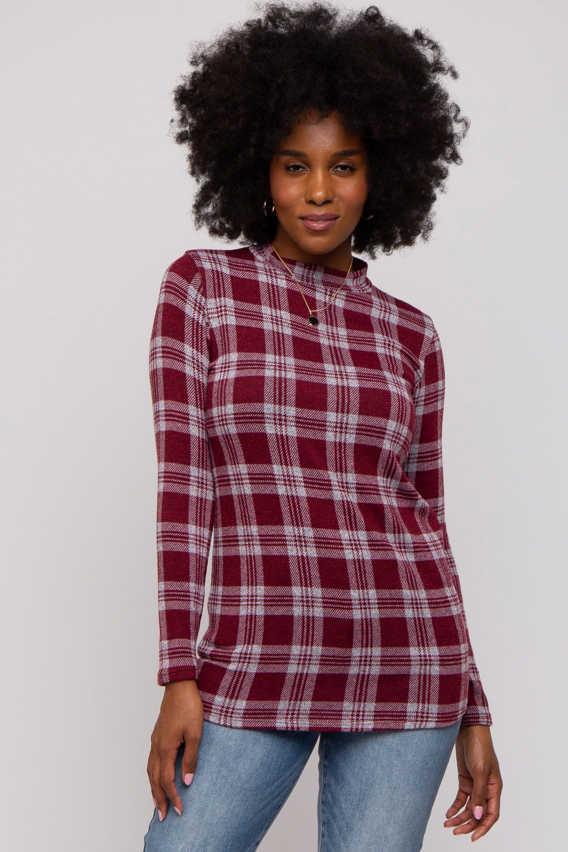 Burgundy Plaid Mock Neck Brushed Long Sleeve Top sold by Pinkblush product image thumbnail 2