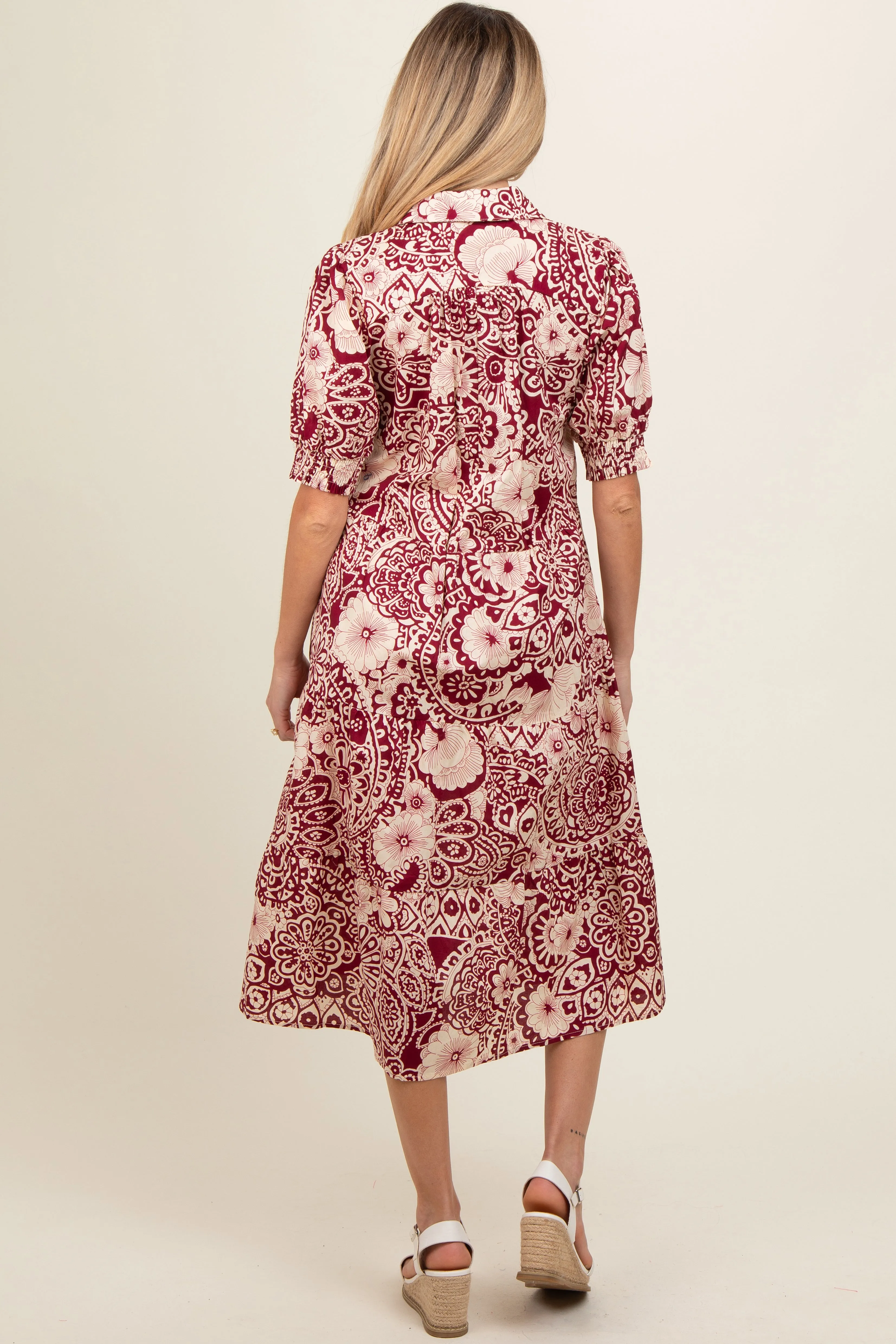 Burgundy Floral Collared Tiered Maternity Midi Dress sold by Pinkblush product image thumbnail 4