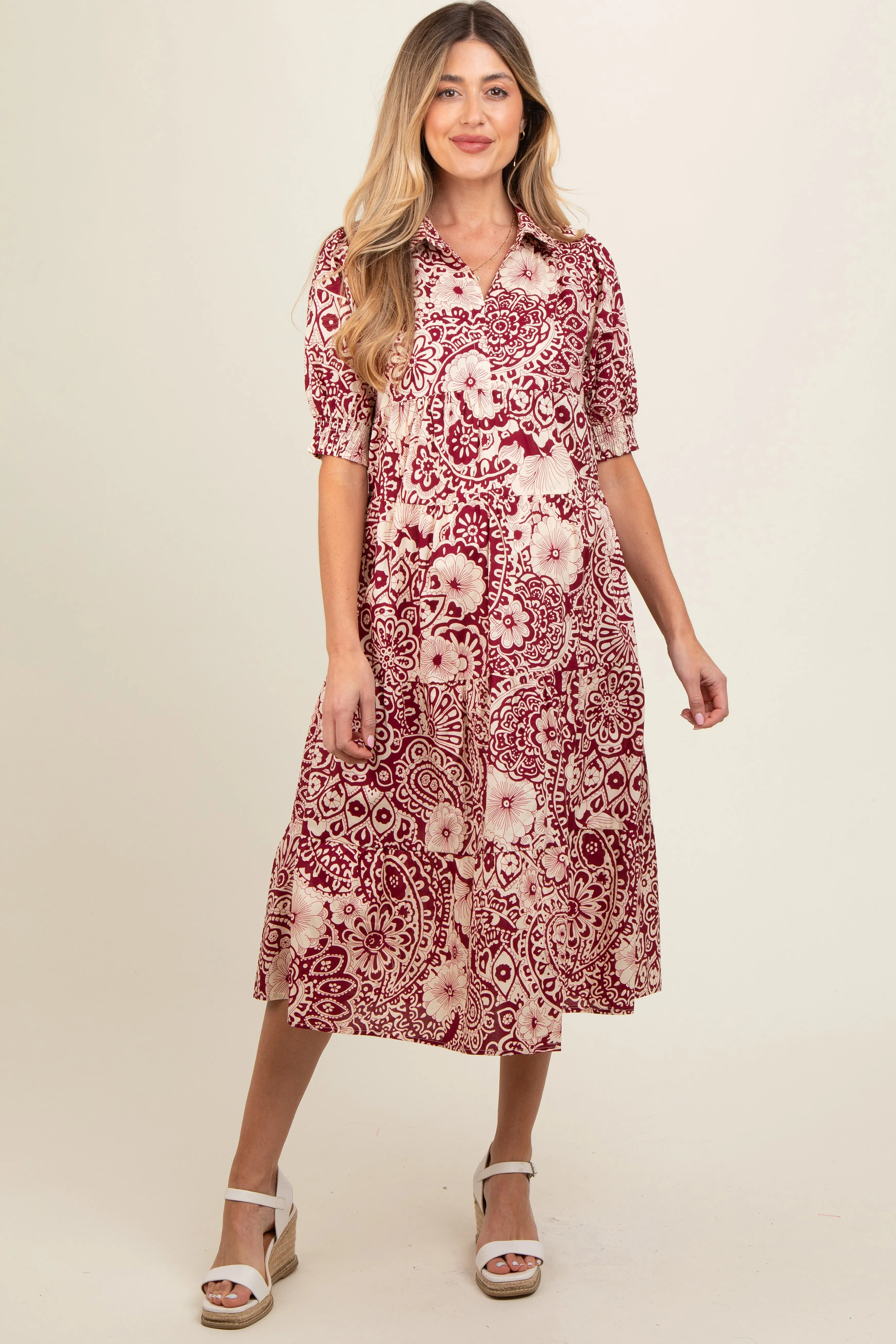 Burgundy Floral Collared Tiered Maternity Midi Dress sold by Pinkblush