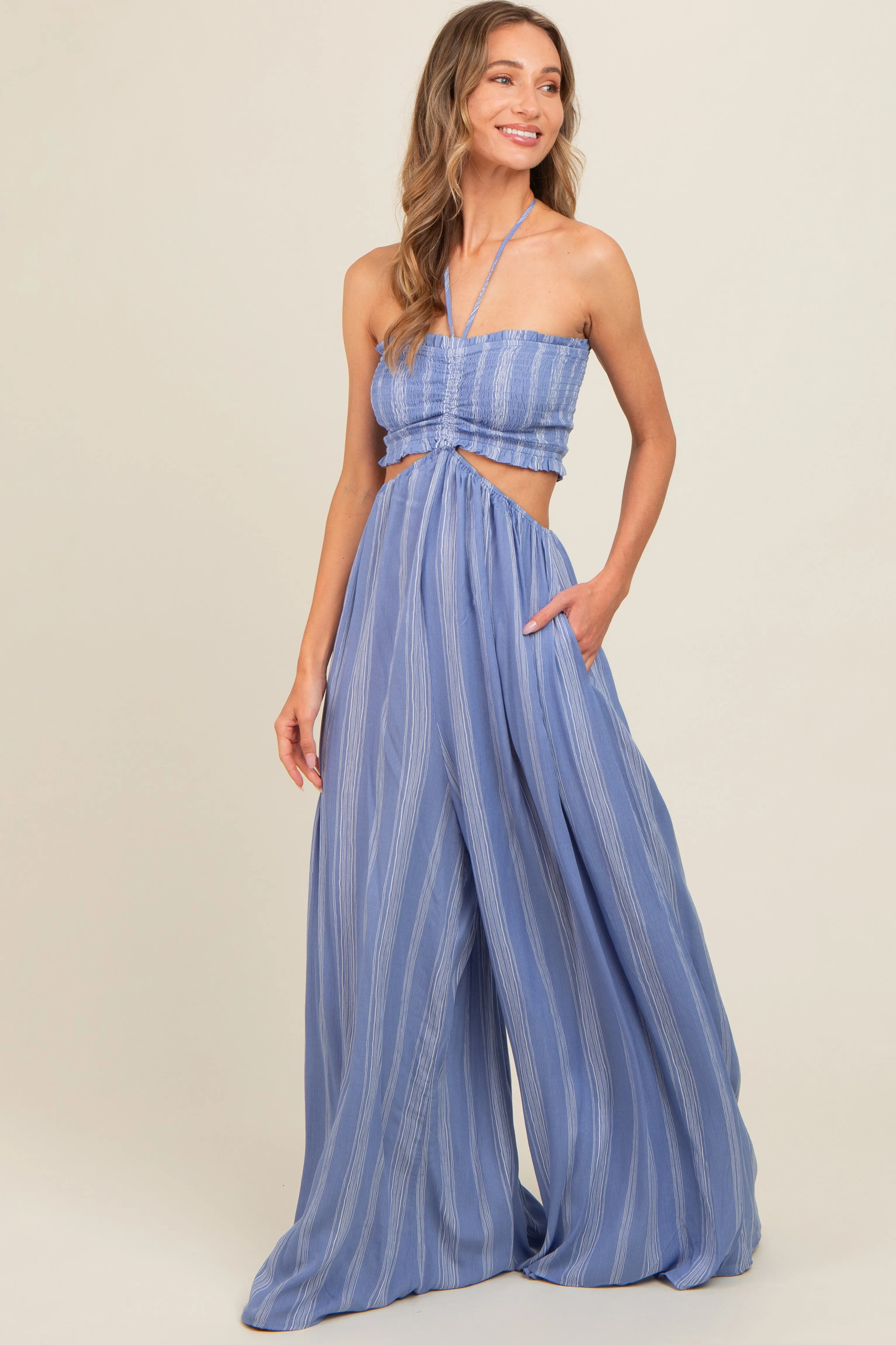 Blue Striped Cutout Halter Wide Leg Jumpsuit sold by Pinkblush product image thumbnail 2