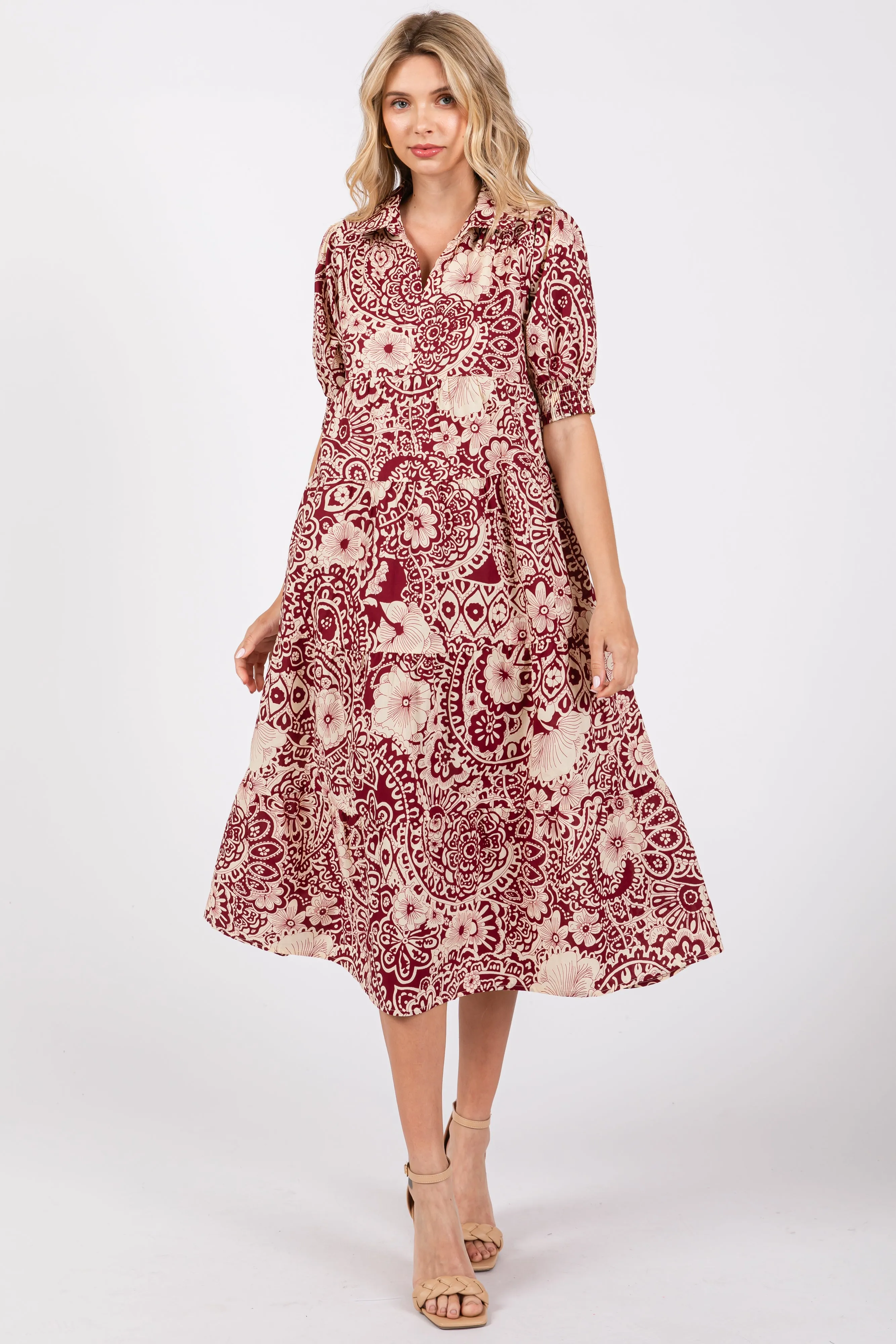 Burgundy Floral Collared Tiered Maternity Midi Dress sold by Pinkblush product image thumbnail 5