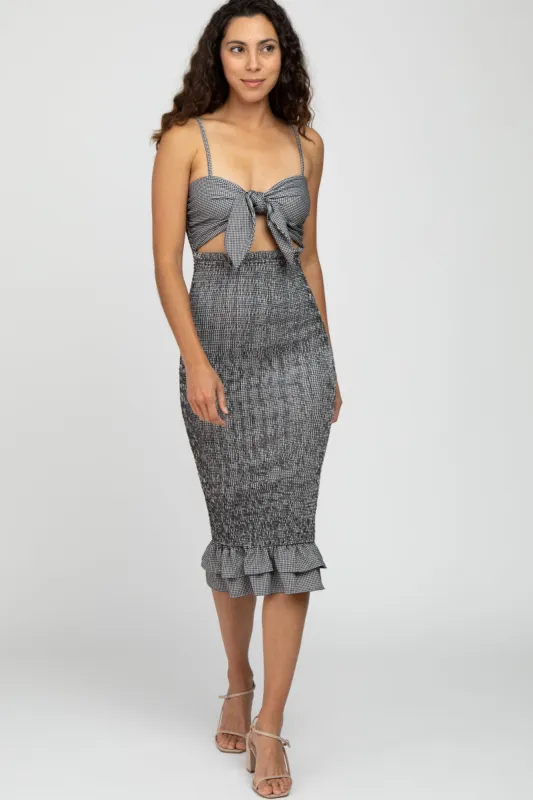 Black Gingham Print Smocked Fitted Self-Tie Midi Dress sold by Pinkblush