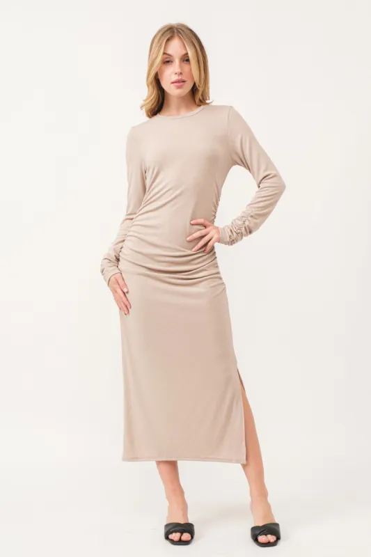Beige Ruched Long Sleeve Midi Dress sold by Pinkblush