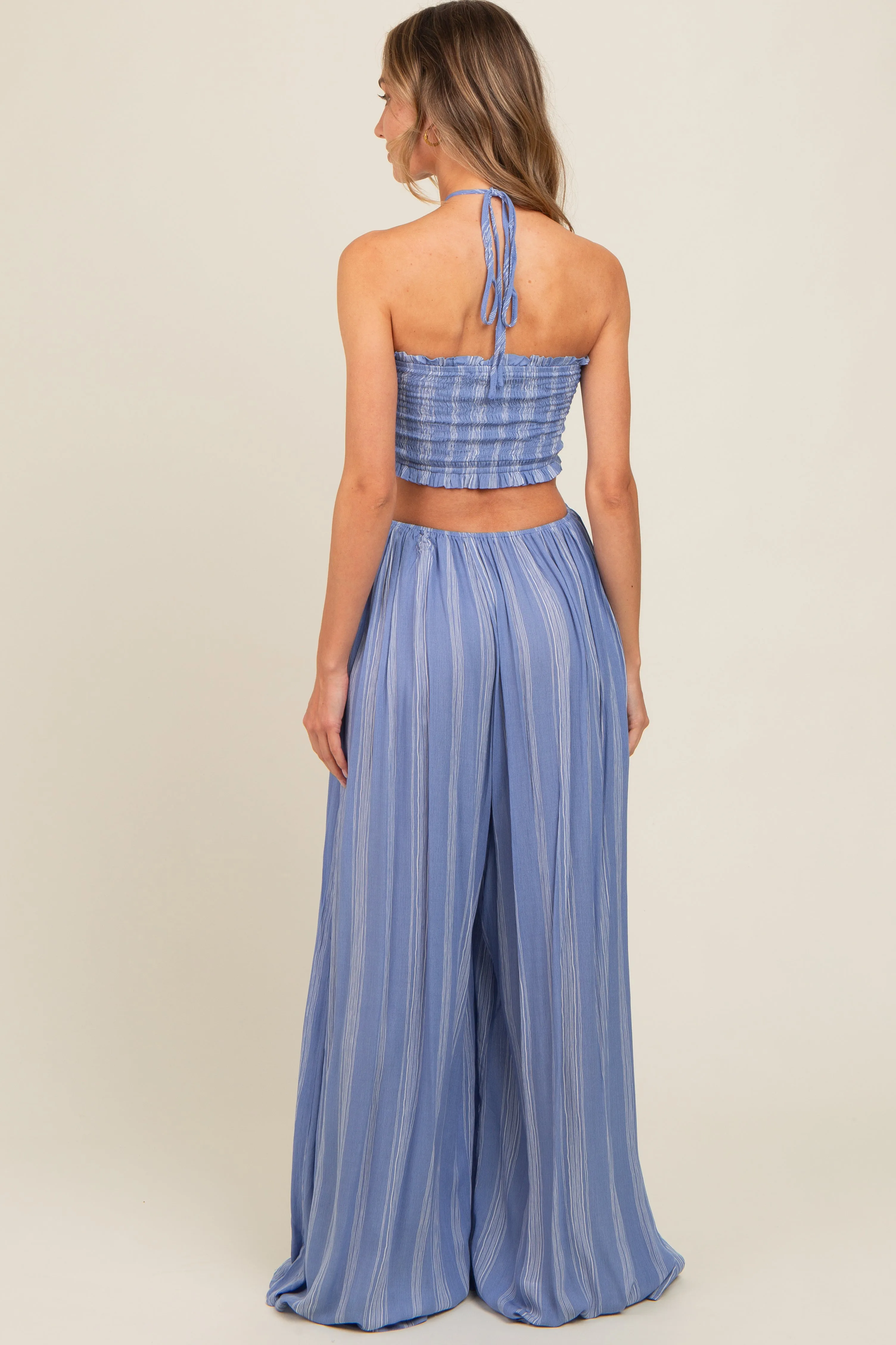 Blue Striped Cutout Halter Wide Leg Jumpsuit sold by Pinkblush product image thumbnail 3