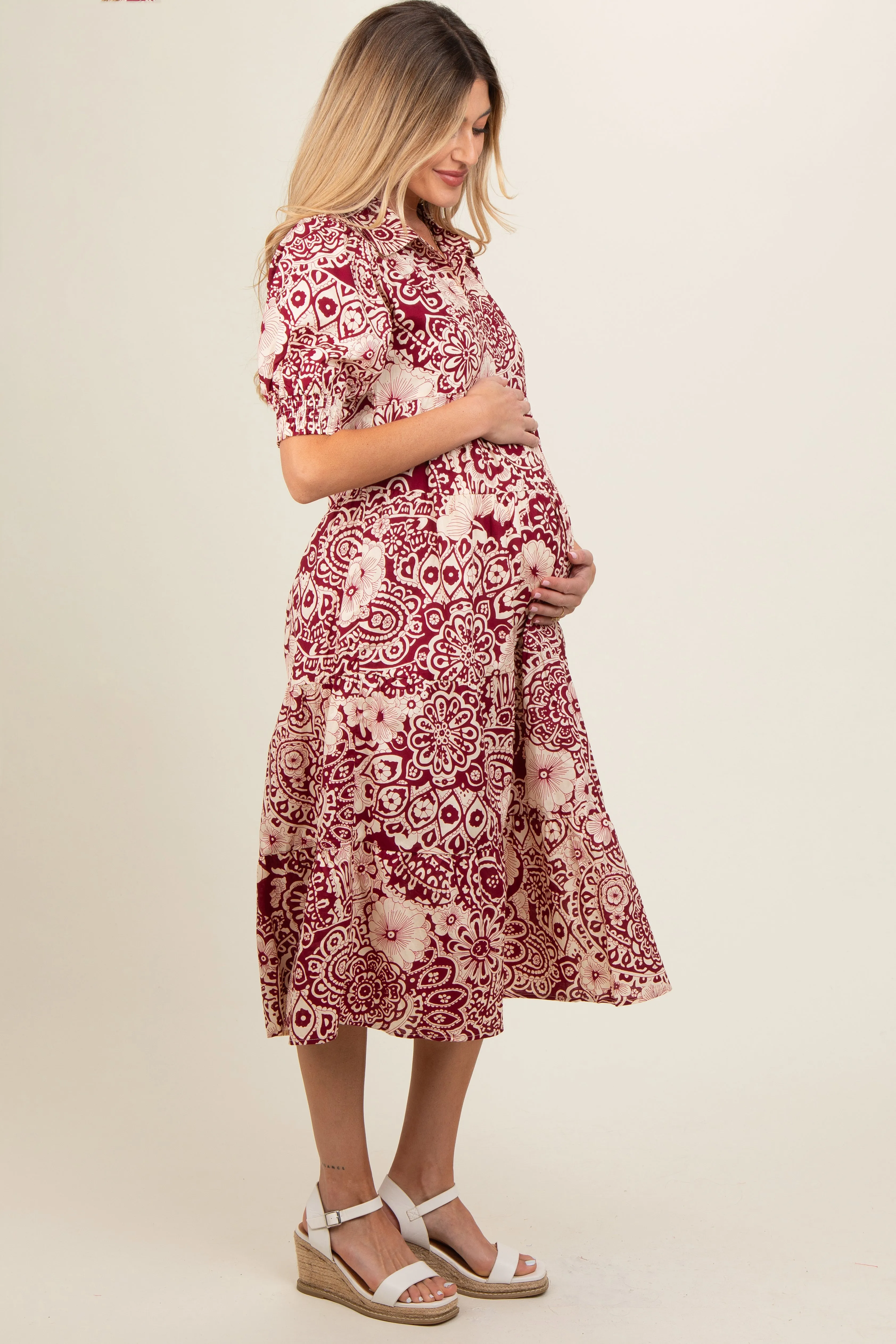 Burgundy Floral Collared Tiered Maternity Midi Dress sold by Pinkblush product image thumbnail 3