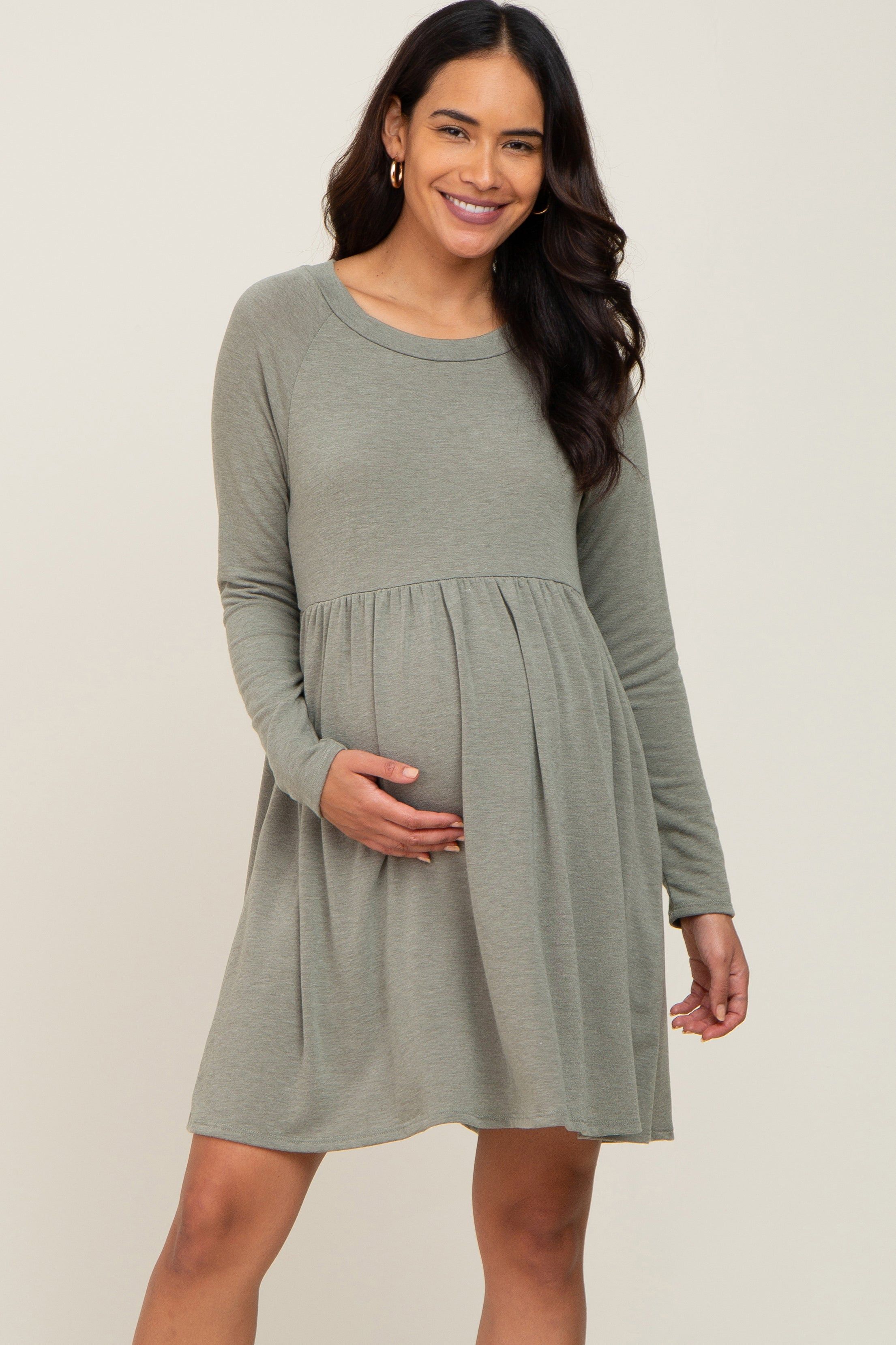 Light Olive Heathered Long Sleeve Maternity Dress sold by Pinkblush