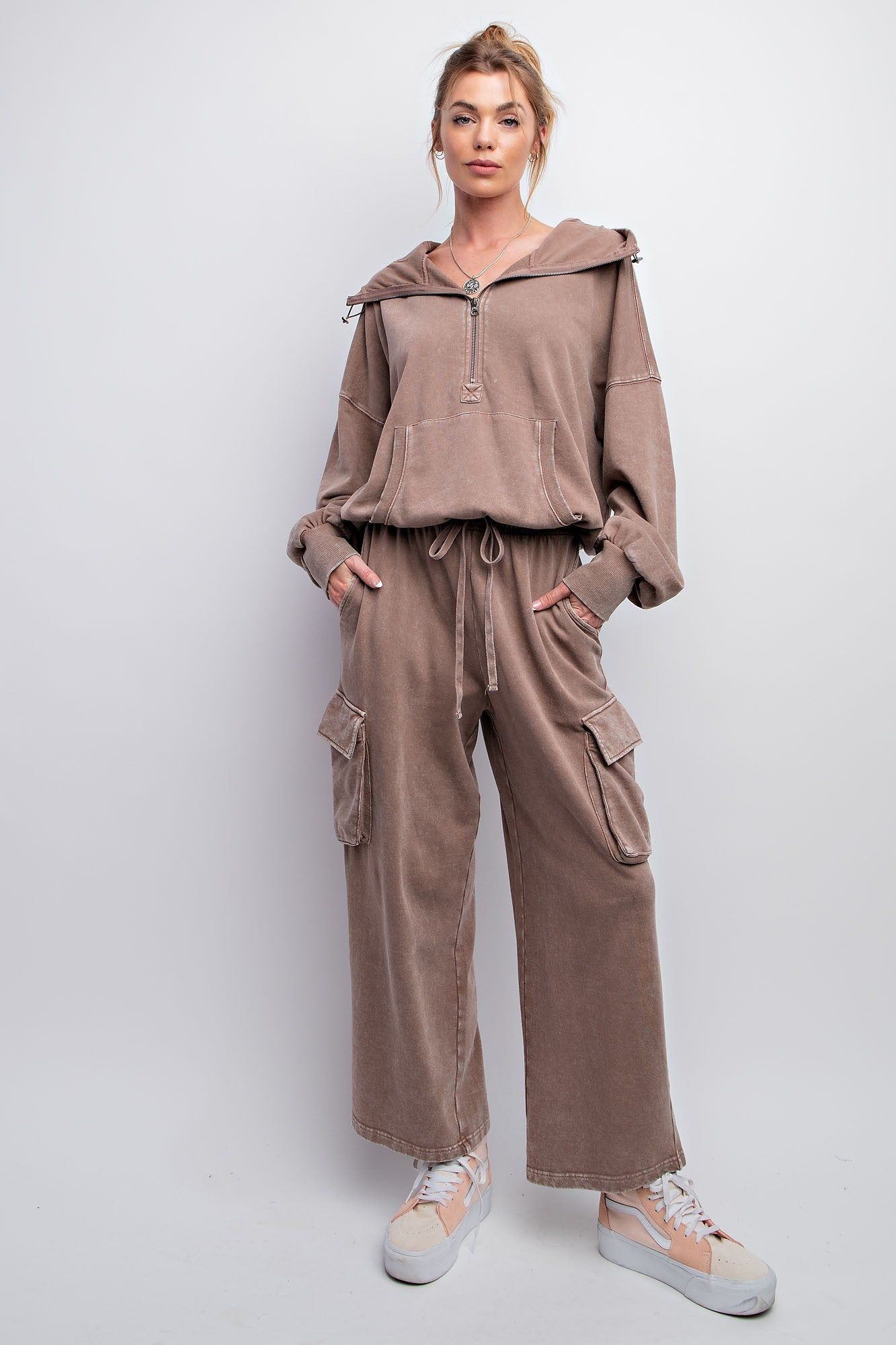 Mocha Washed Terry Knit Cargo Pants sold by Pinkblush