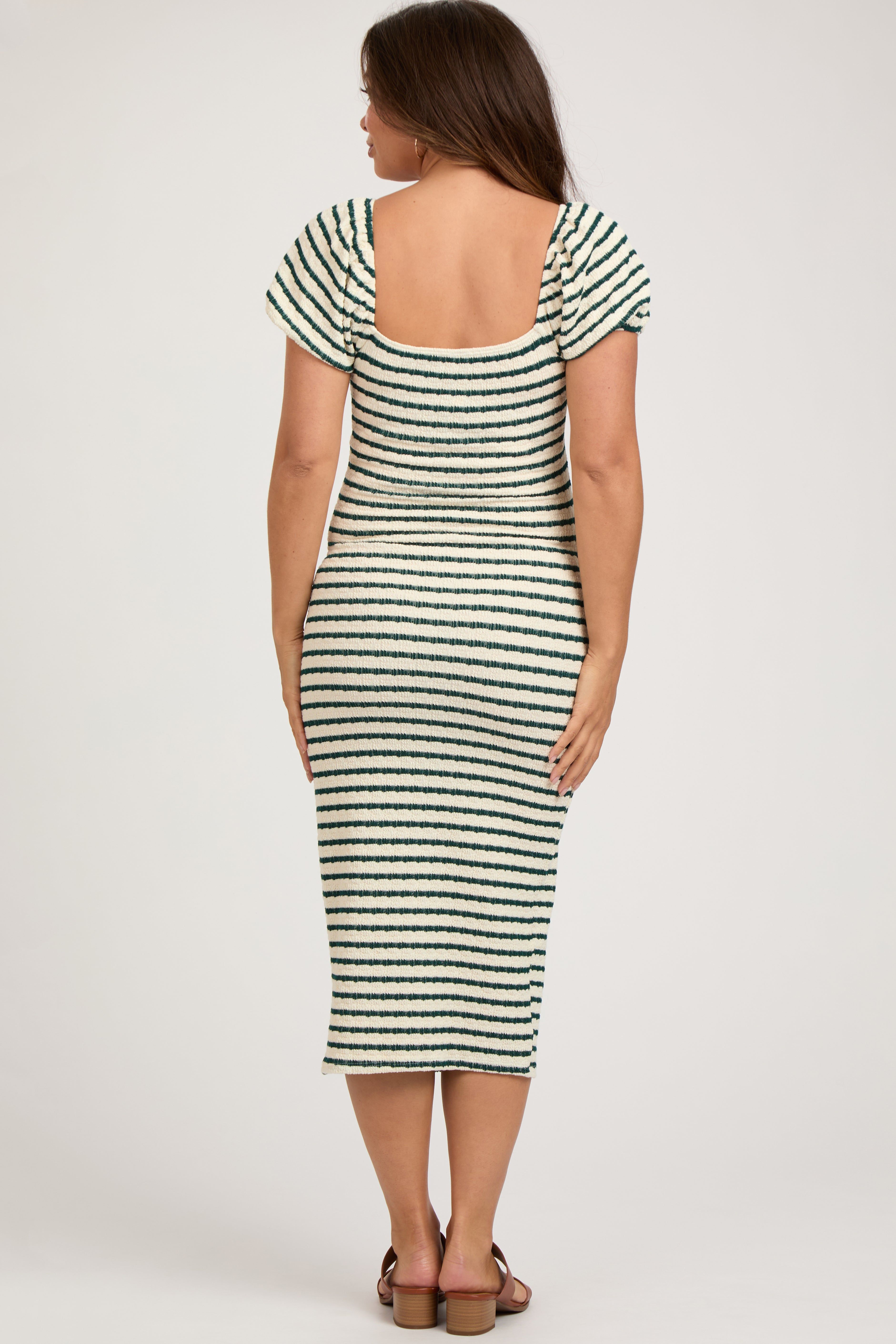 Forest Green Striped Drawstring Ruched Front Maternity Midi Dress sold by Pinkblush product image thumbnail 3