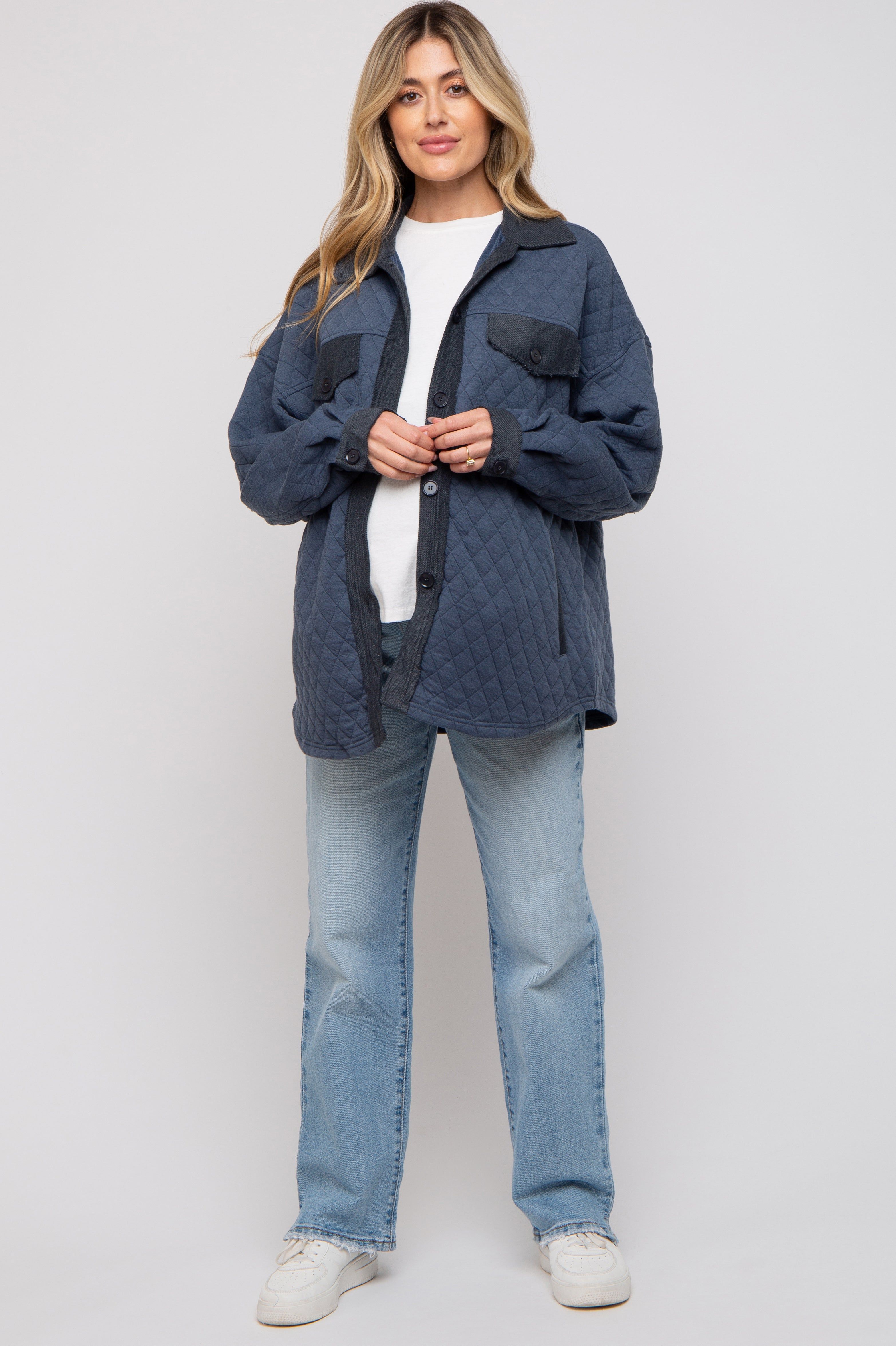 Navy Blue Colorblock Quilted Maternity Shirt Jacket sold by Pinkblush product image thumbnail 4