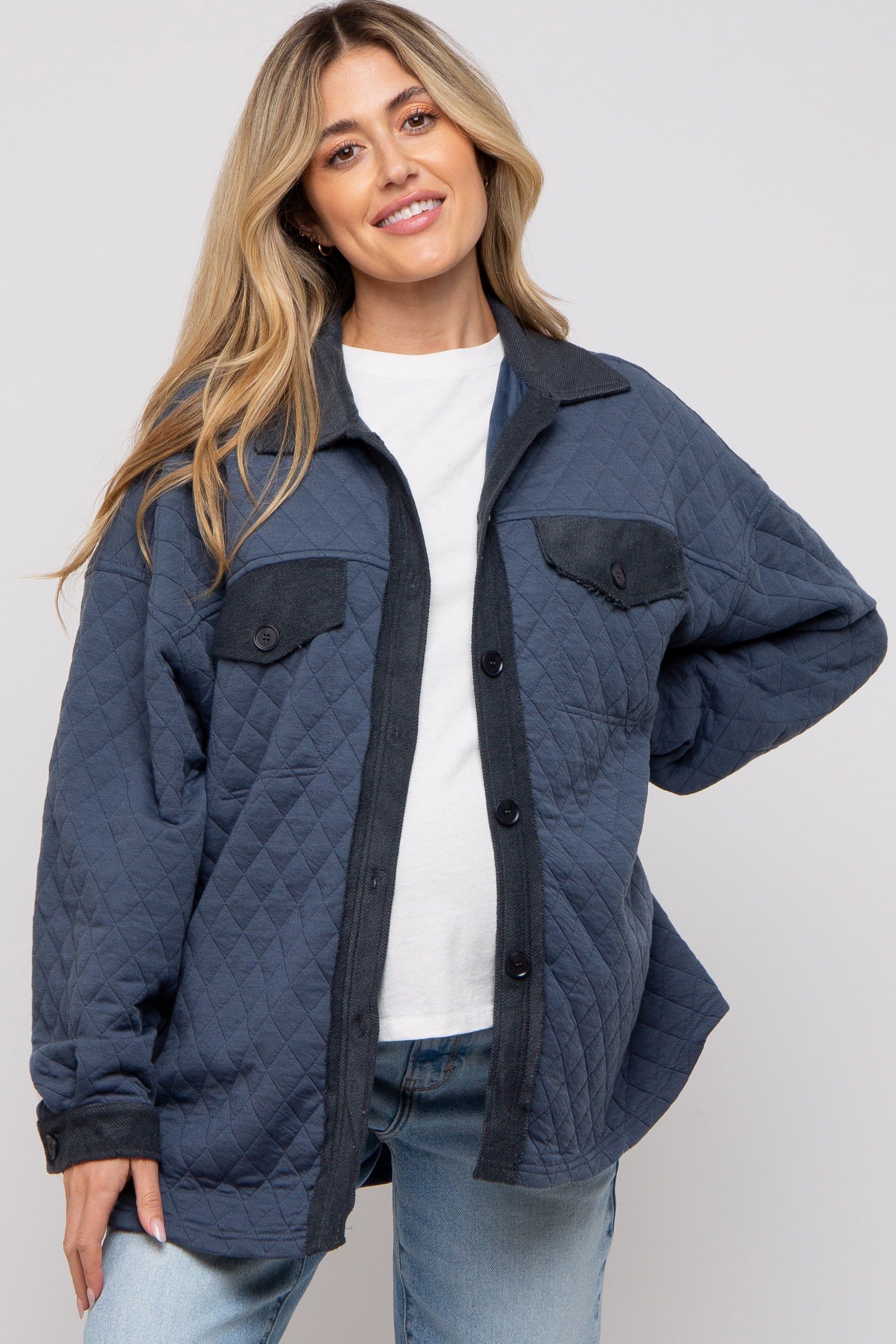 Navy Blue Colorblock Quilted Maternity Shirt Jacket sold by Pinkblush