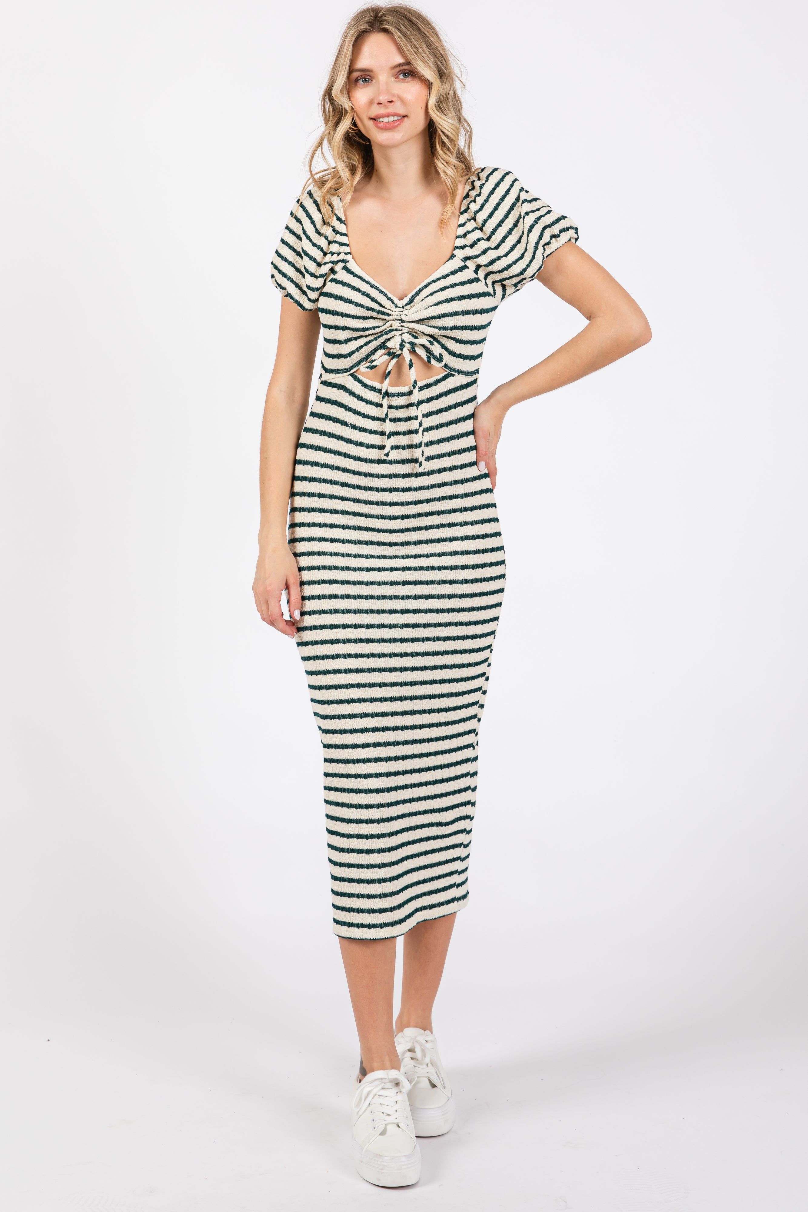 Forest Green Striped Drawstring Ruched Front Maternity Midi Dress sold by Pinkblush product image thumbnail 4