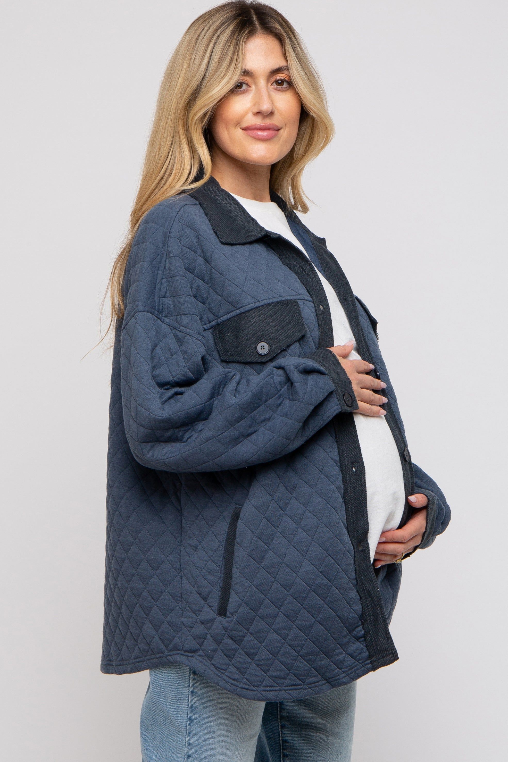 Navy Blue Colorblock Quilted Maternity Shirt Jacket sold by Pinkblush product image thumbnail 2