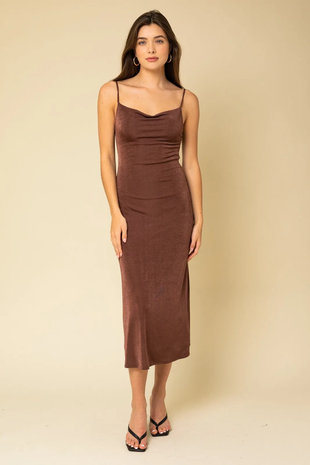 Brown Cowl Neck Midi Dress sold by Pinkblush