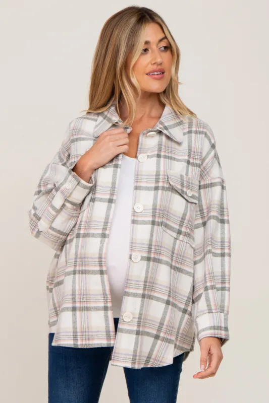 Ivory Plaid Maternity Shirt Jacket sold by Pinkblush