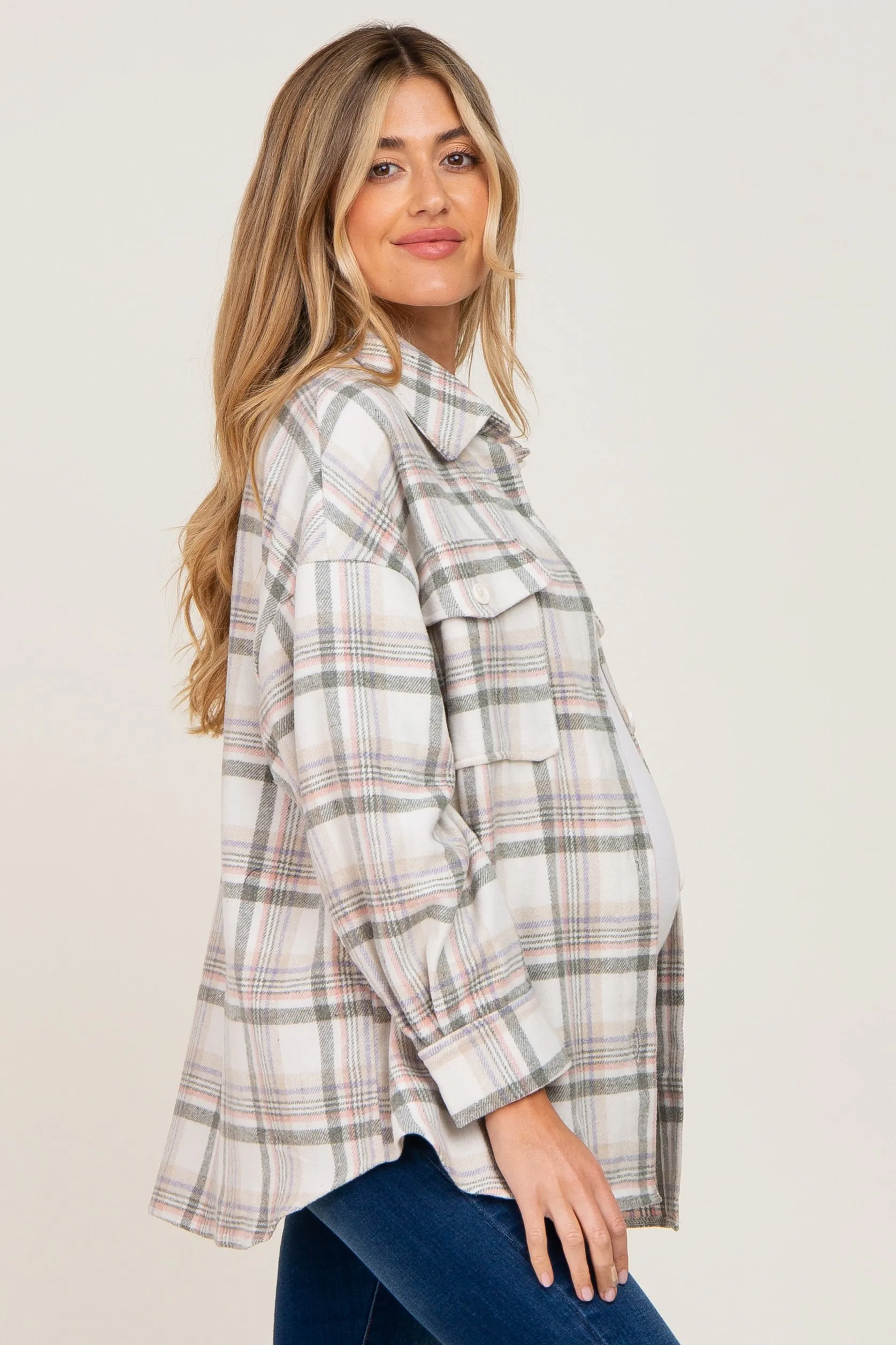 Ivory Plaid Maternity Shirt Jacket sold by Pinkblush product image thumbnail 2