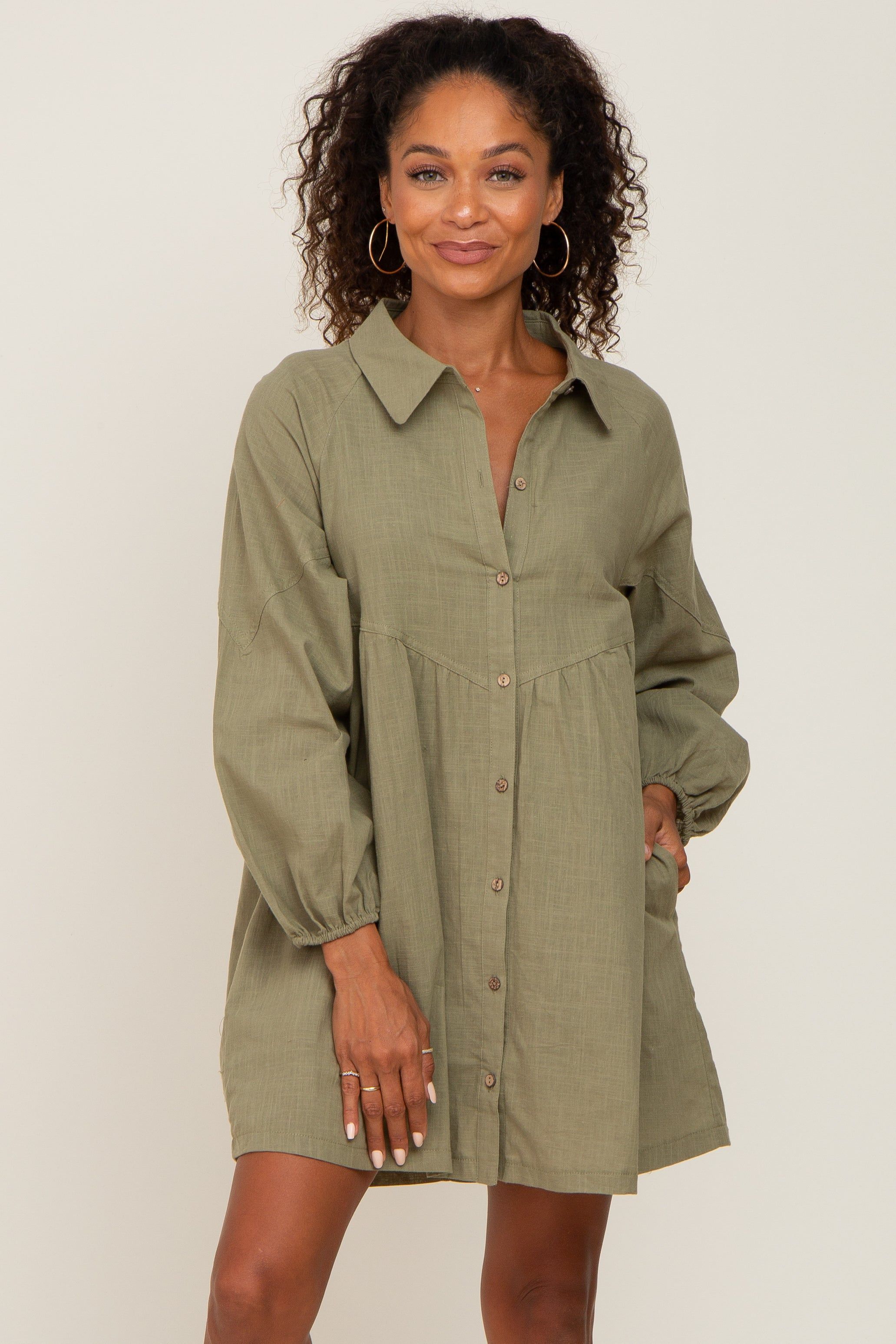 Olive Button Down Mini Dress sold by Pinkblush