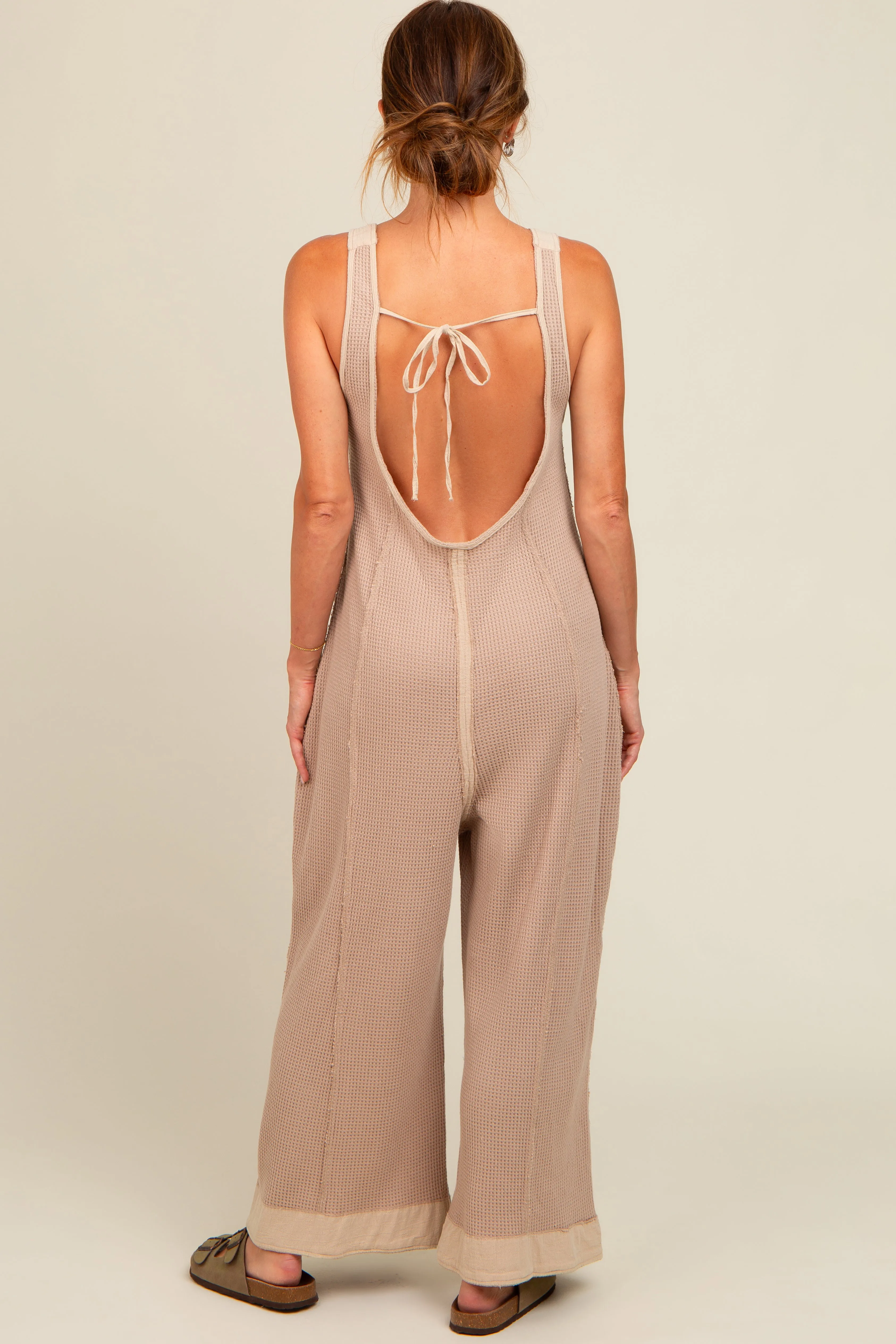 Beige Waffle Knit Wide Leg Jumpsuit sold by Pinkblush product image thumbnail 4