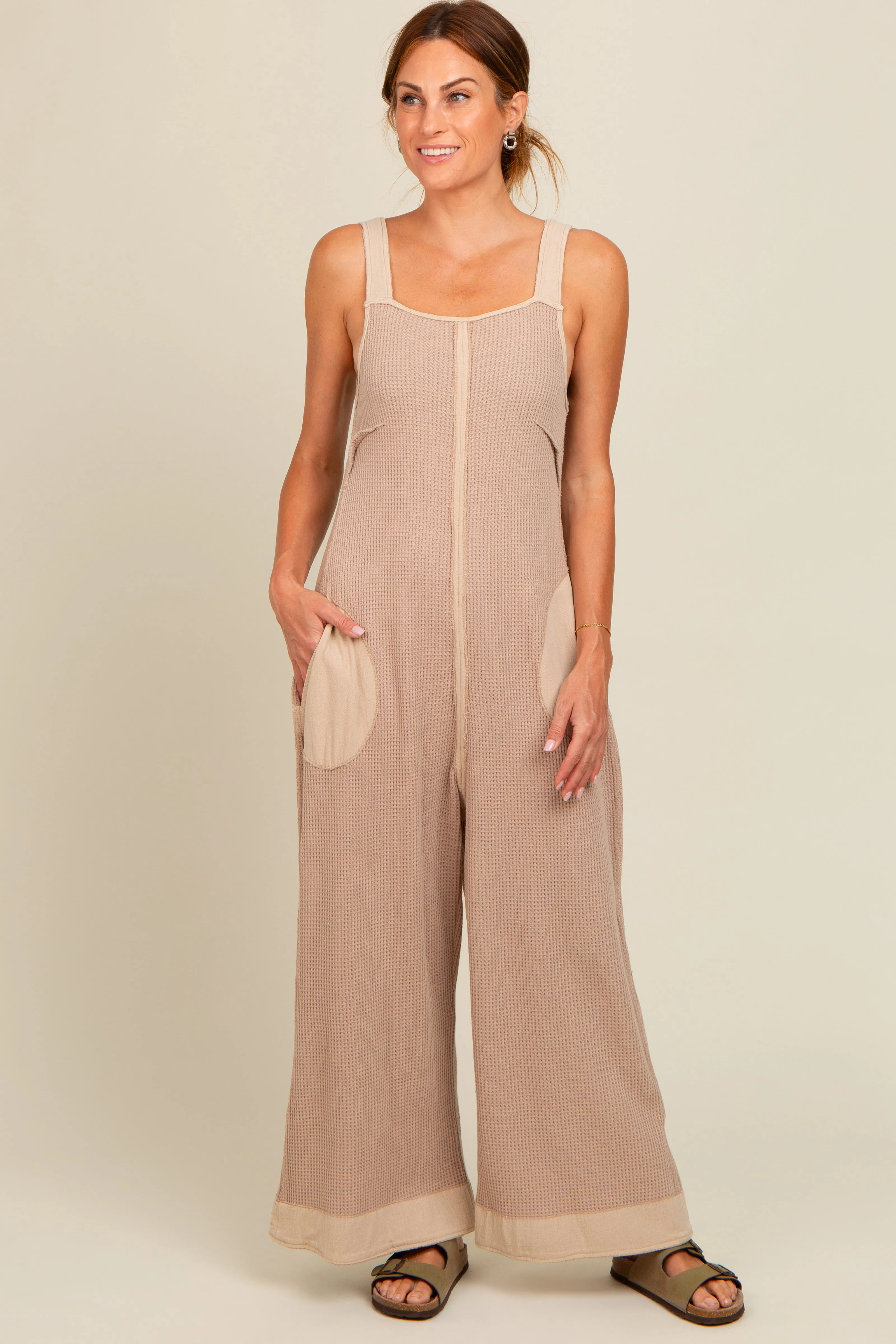 Beige Waffle Knit Wide Leg Jumpsuit sold by Pinkblush