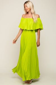 Lime Pleated Off Shoulder Maxi Dress sold by Pinkblush