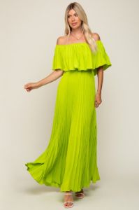 Lime Pleated Off Shoulder Maxi Dress sold by Pinkblush