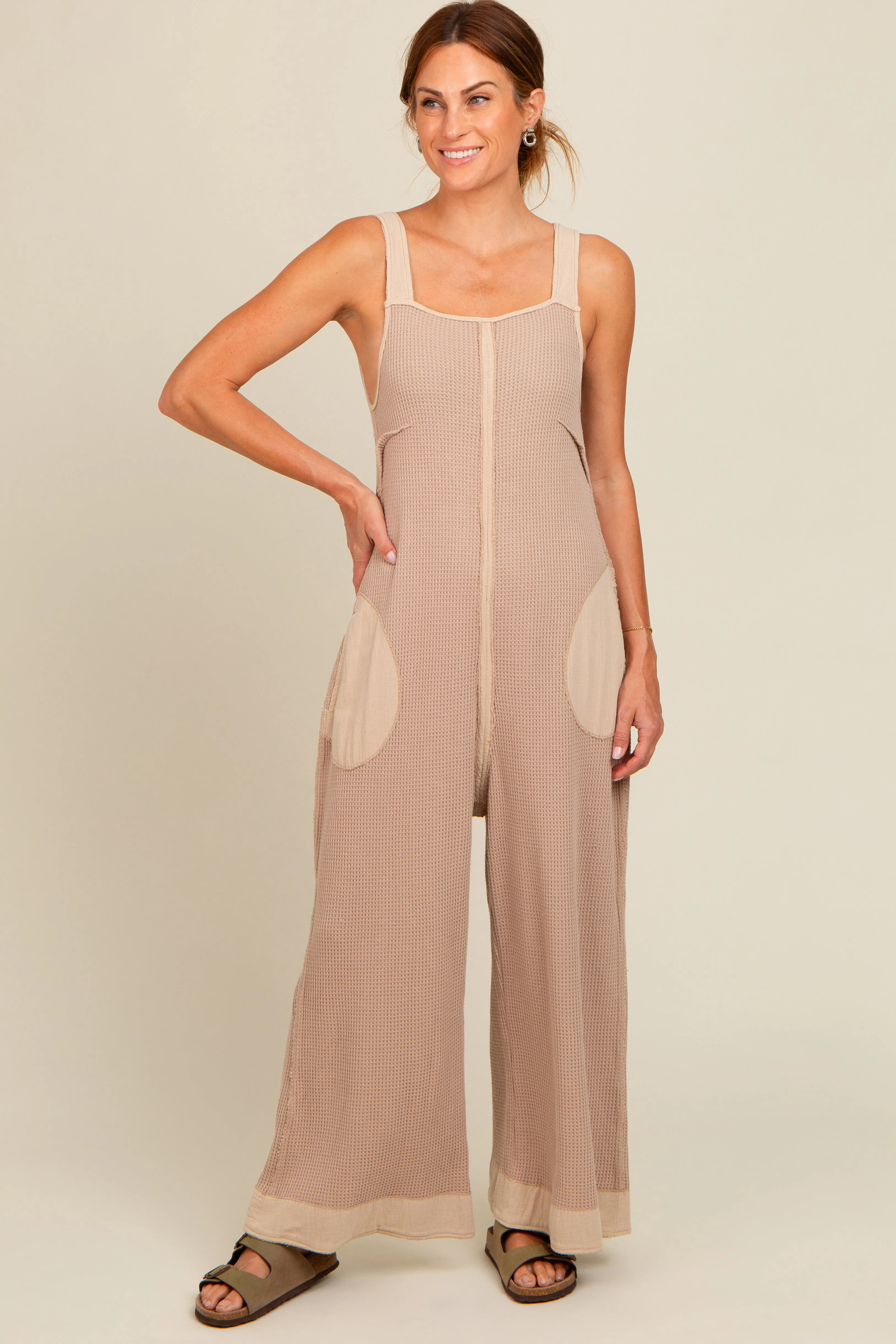 Beige Waffle Knit Wide Leg Jumpsuit sold by Pinkblush product image thumbnail 2