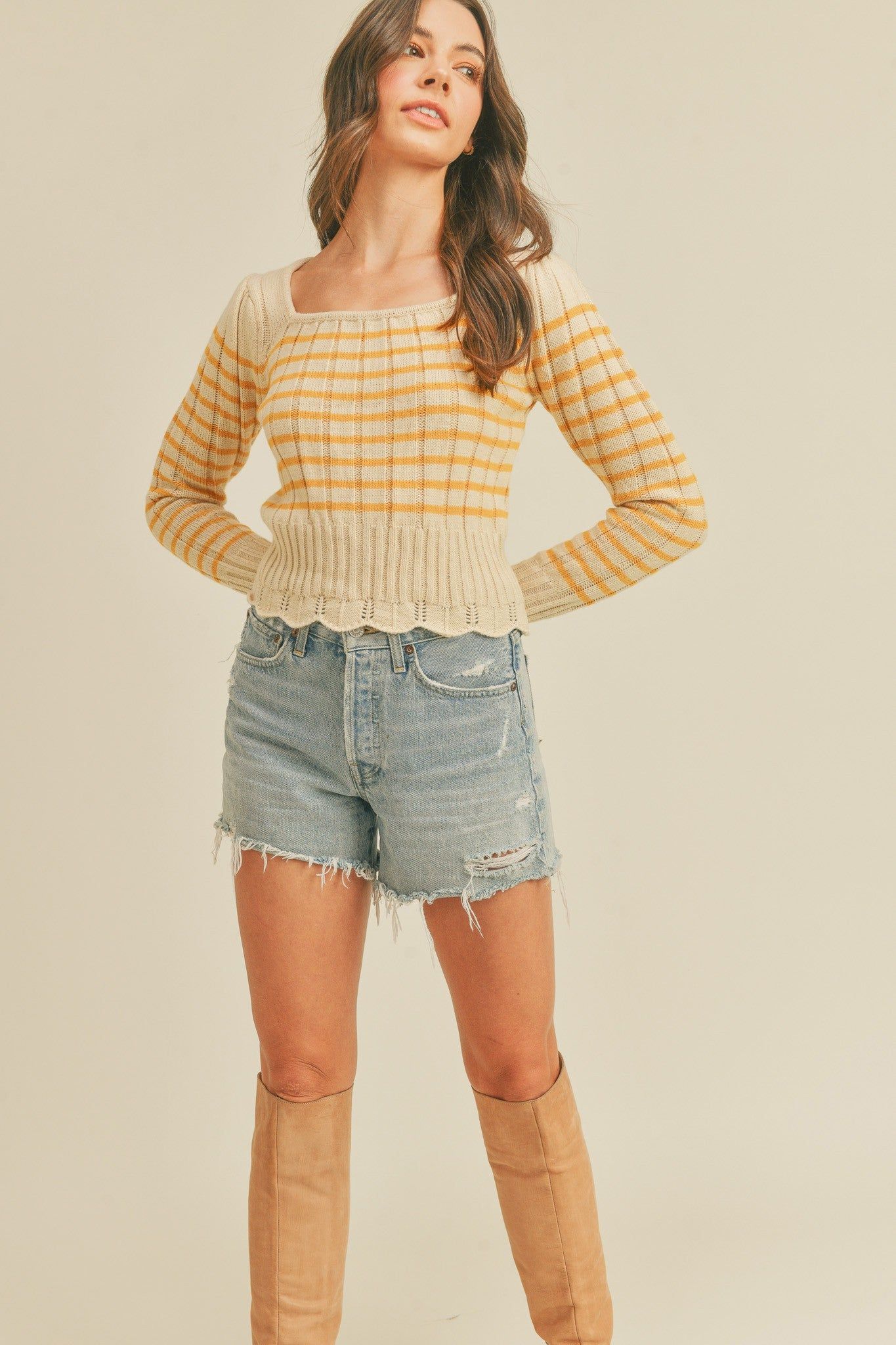 Cream Striped Sweater With Scalloped Pointelle Hem sold by Pinkblush product image thumbnail 2