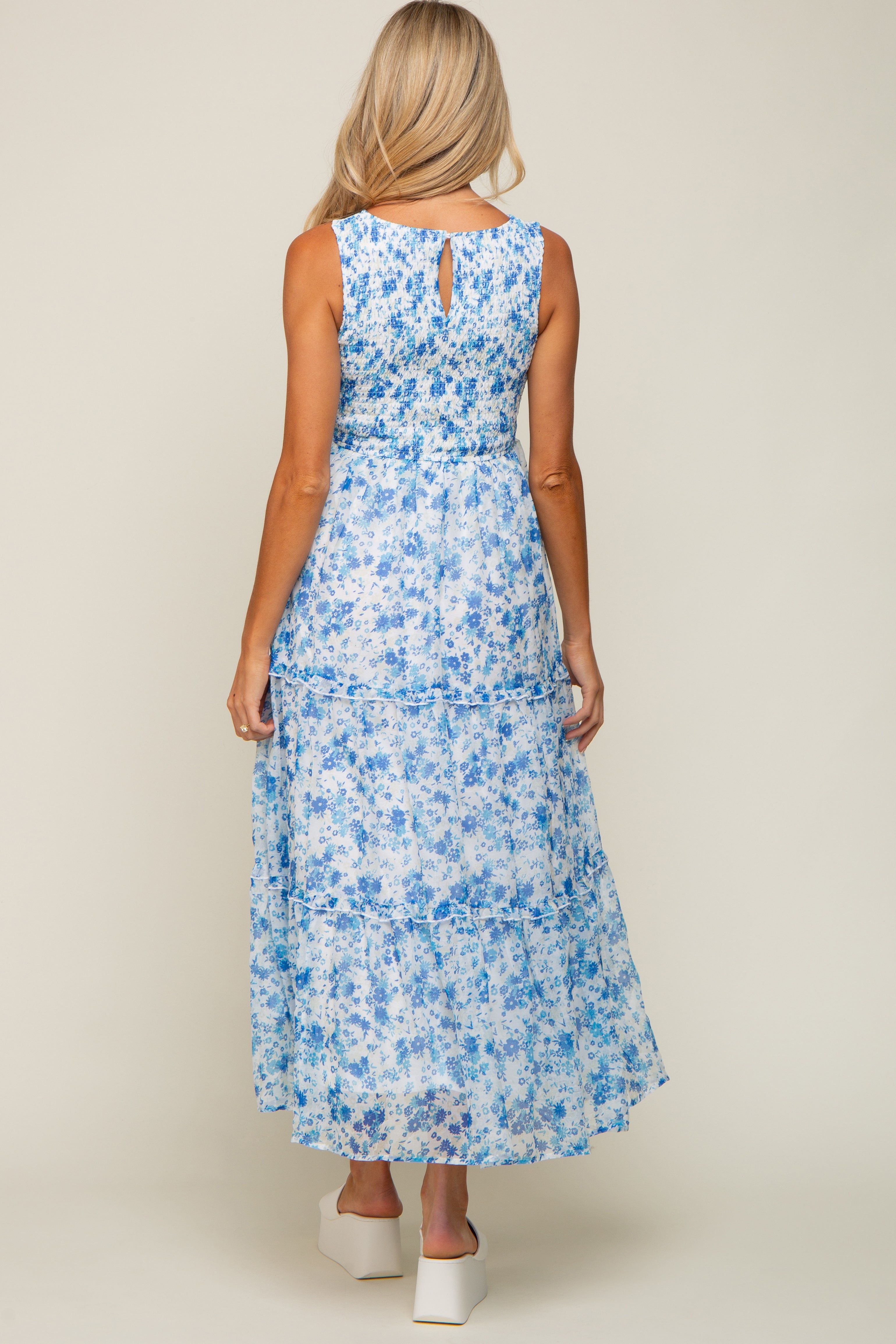 Blue Floral Sleeveless Tiered Maternity Maxi Dress sold by Pinkblush product image thumbnail 3