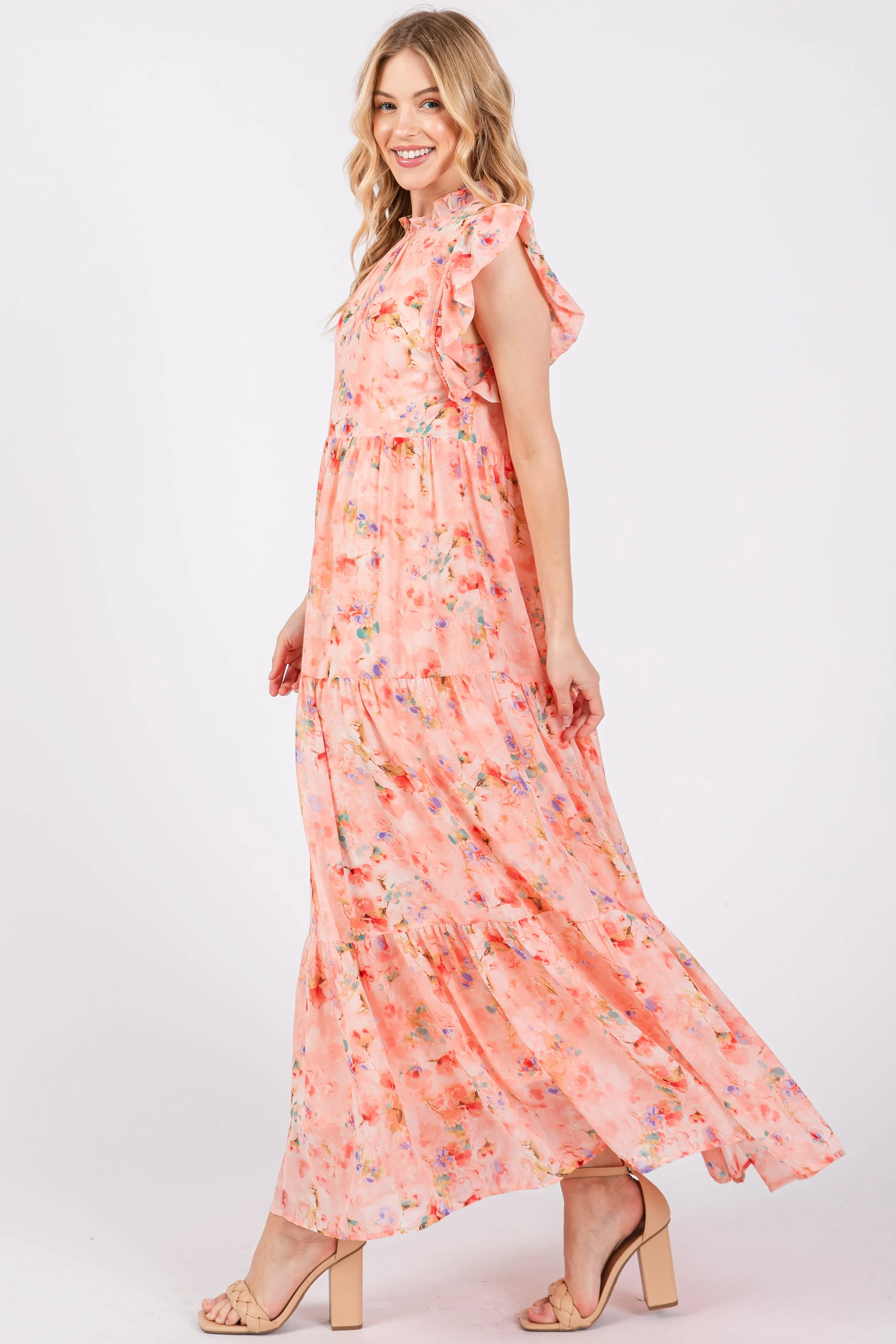 Peach Floral Chiffon Ruffle Shoulder Tiered Maxi Dress sold by Pinkblush product image thumbnail 2