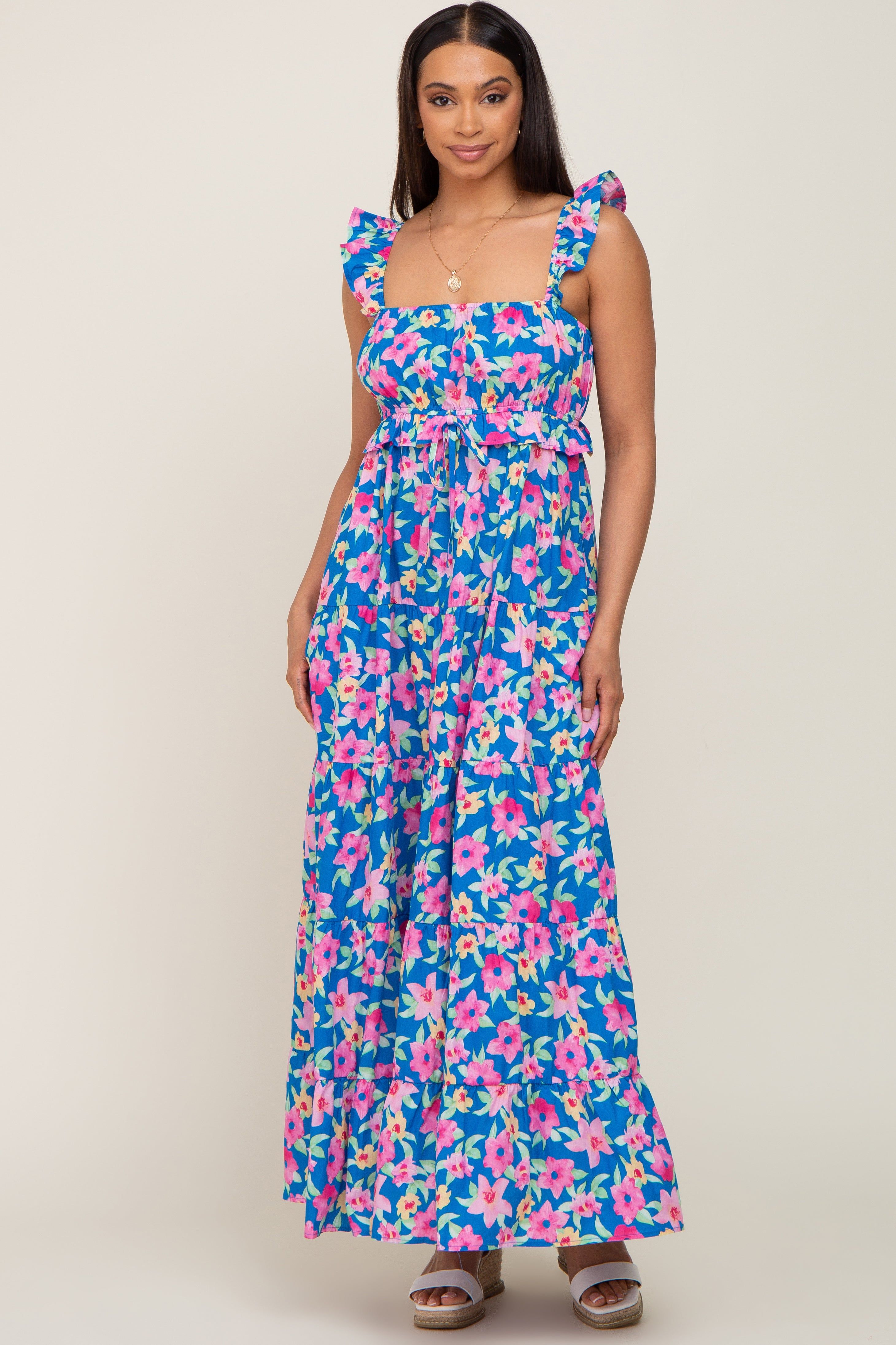 Royal Blue Floral Square Neck Ruffle Tiered Maxi Dress sold by Pinkblush product image thumbnail 4