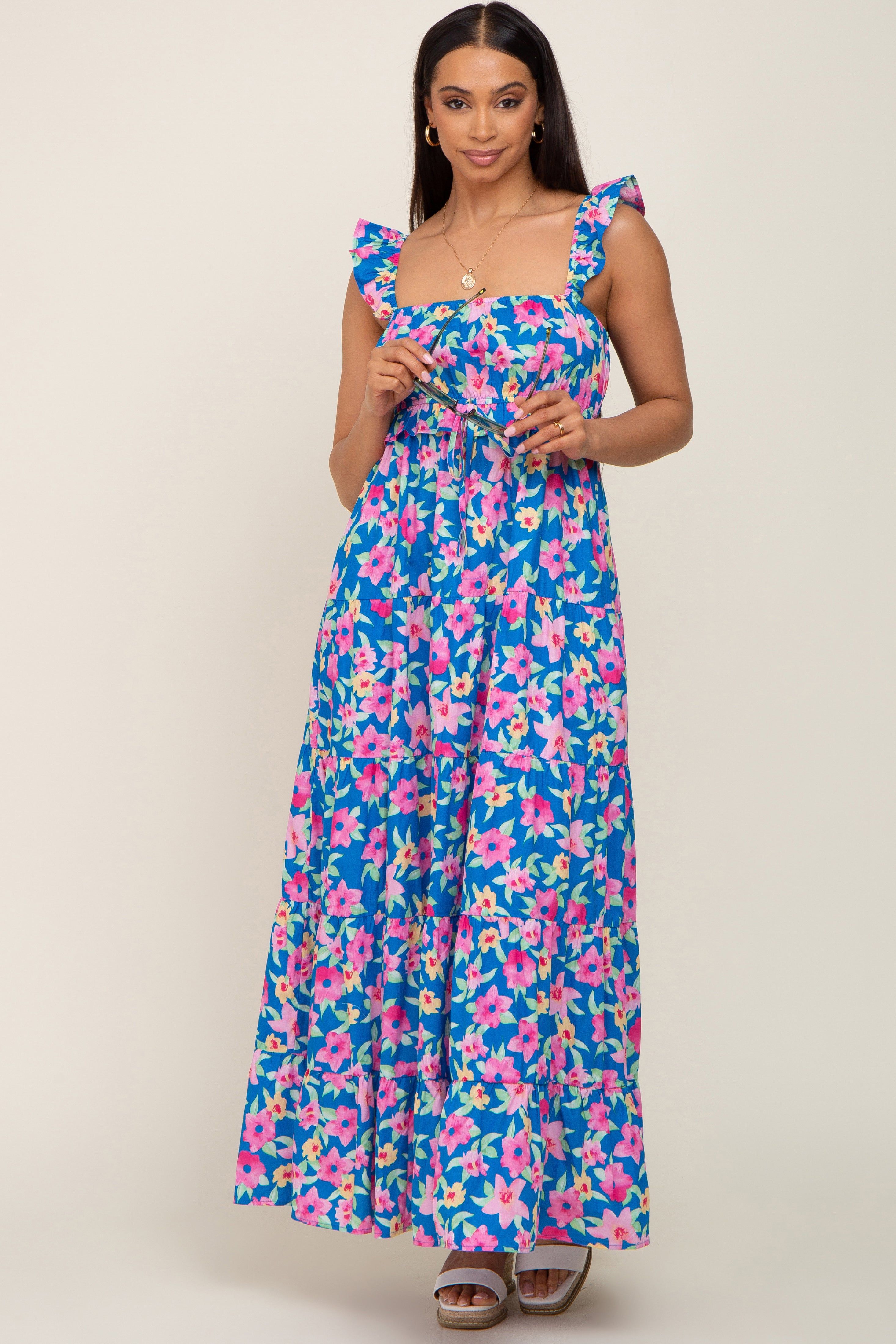 Royal Blue Floral Square Neck Ruffle Tiered Maxi Dress sold by Pinkblush