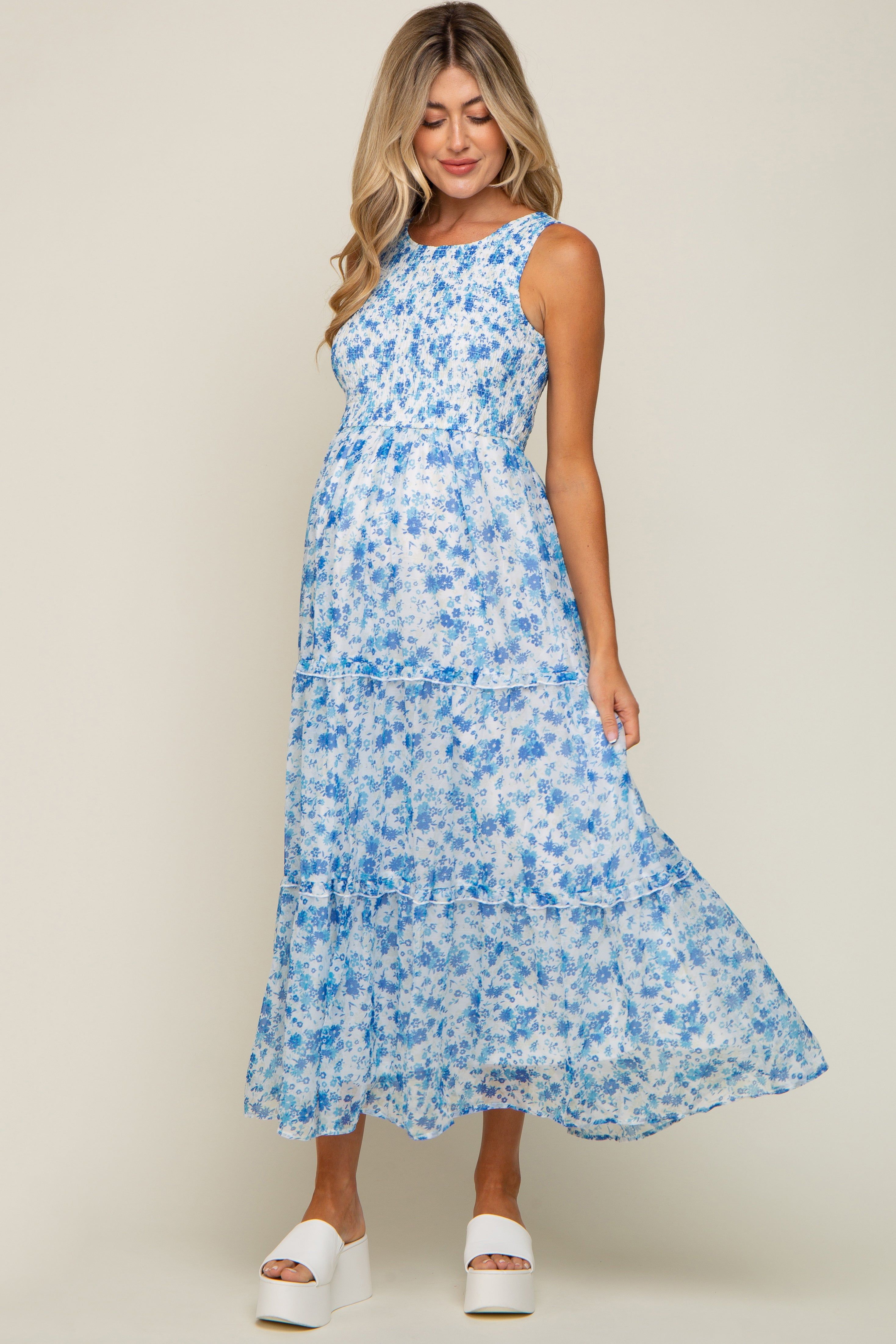 Blue Floral Sleeveless Tiered Maternity Maxi Dress sold by Pinkblush product image thumbnail 4