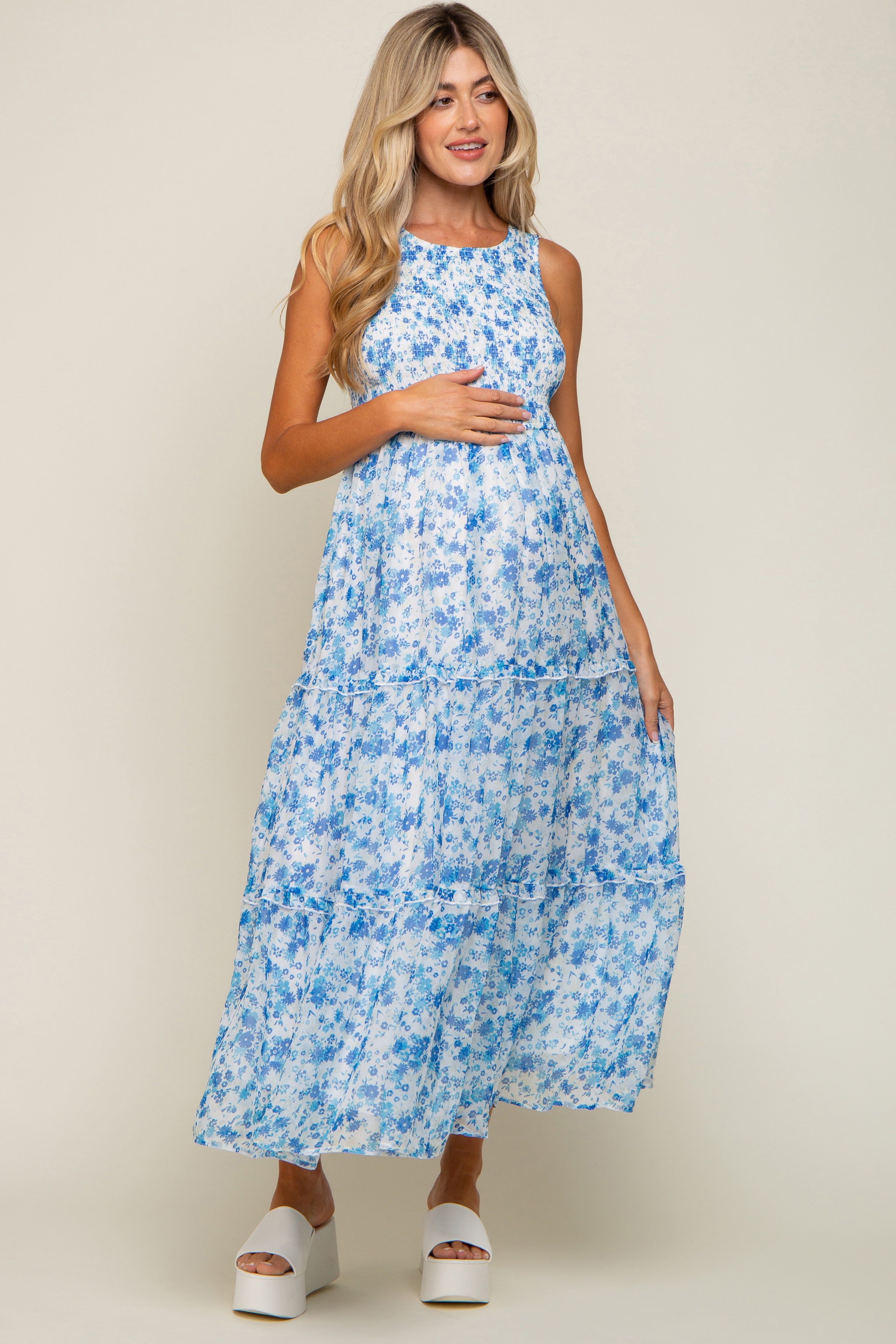 Blue Floral Sleeveless Tiered Maternity Maxi Dress sold by Pinkblush