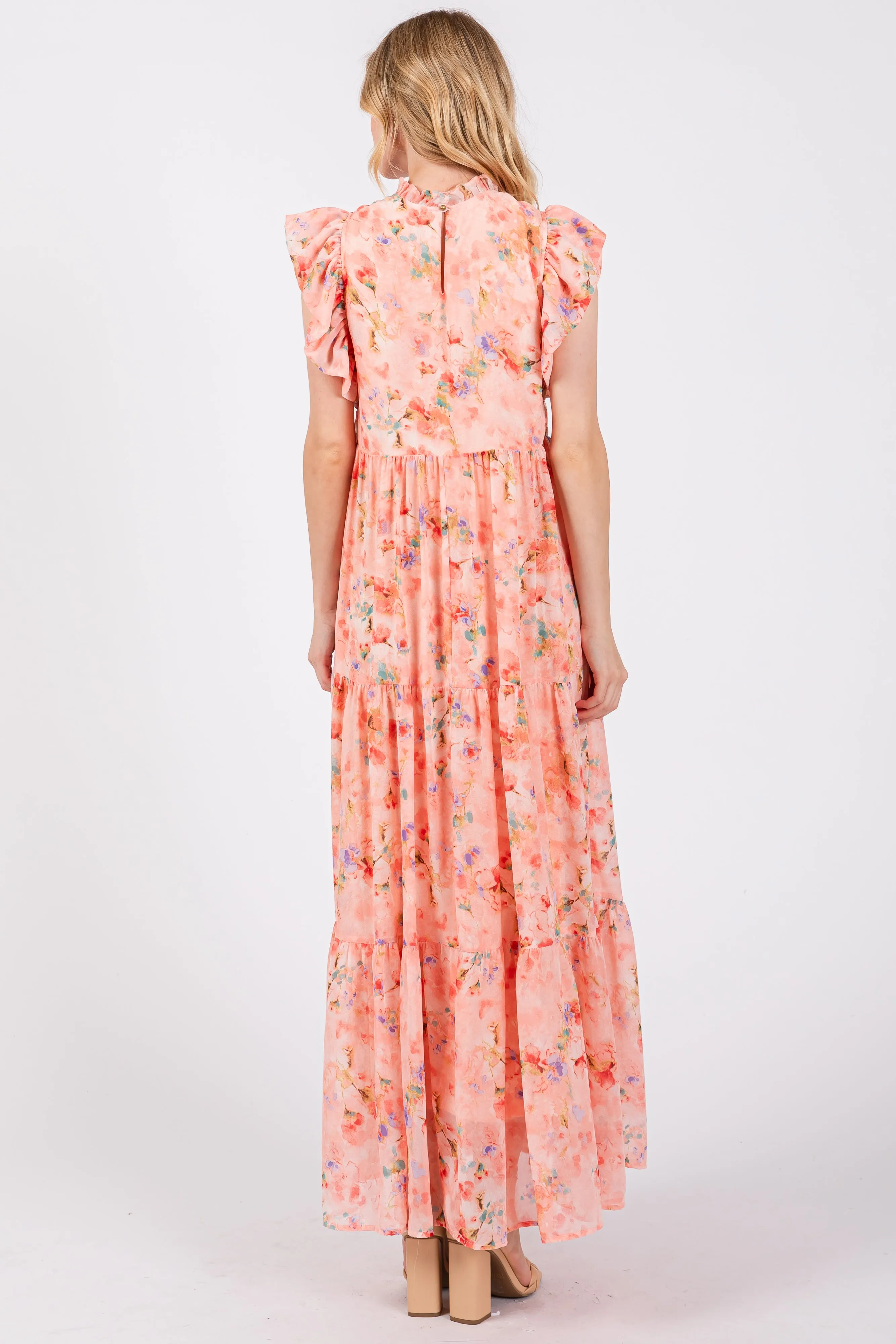 Peach Floral Chiffon Ruffle Shoulder Tiered Maxi Dress sold by Pinkblush product image thumbnail 3