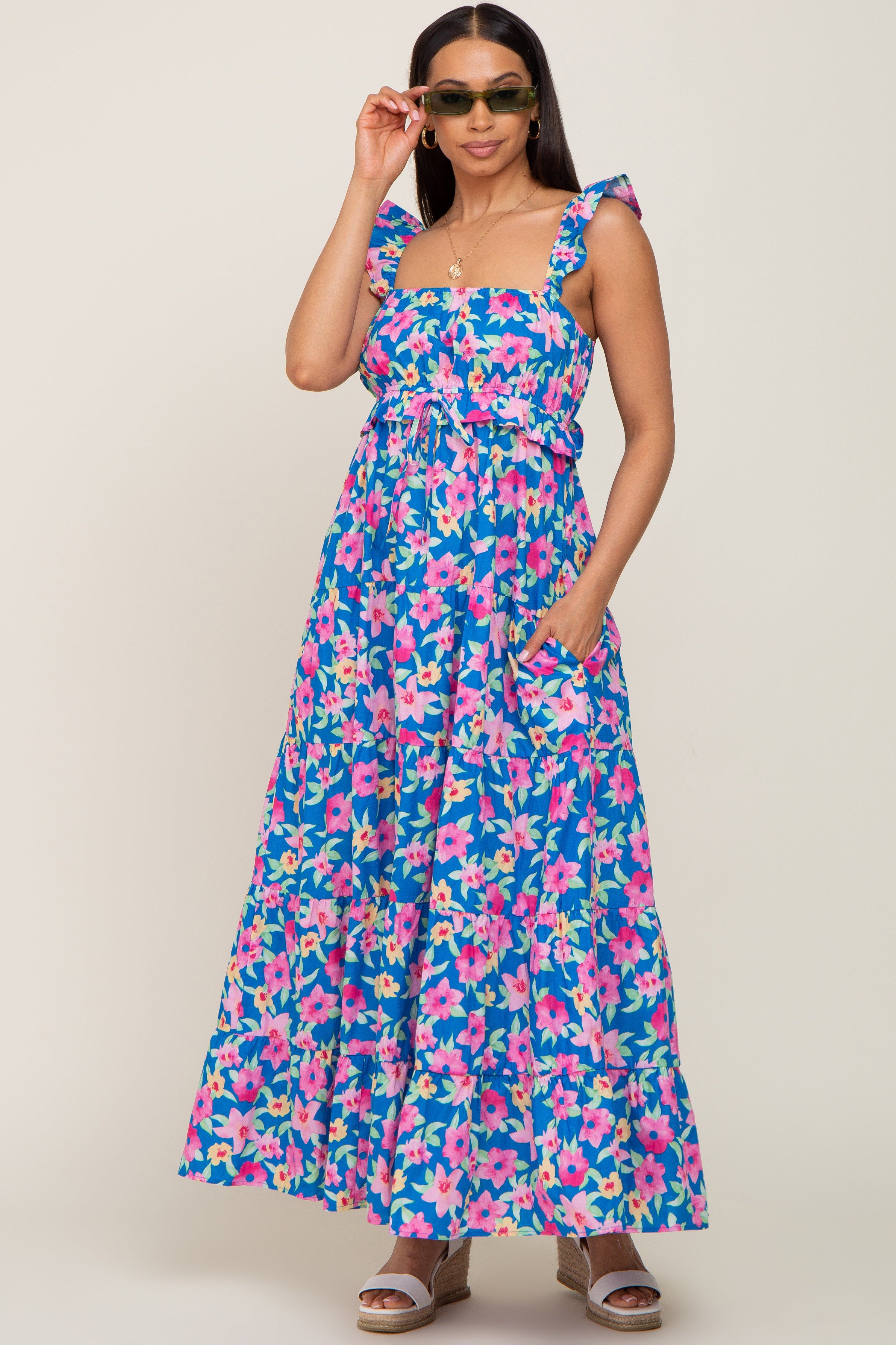 Royal Blue Floral Square Neck Ruffle Tiered Maxi Dress sold by Pinkblush product image thumbnail 5