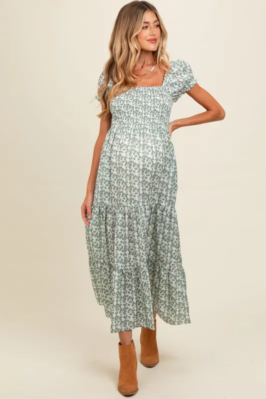 Olive Floral Puff Sleeve Smocked Maternity Maxi Dress sold by Pinkblush
