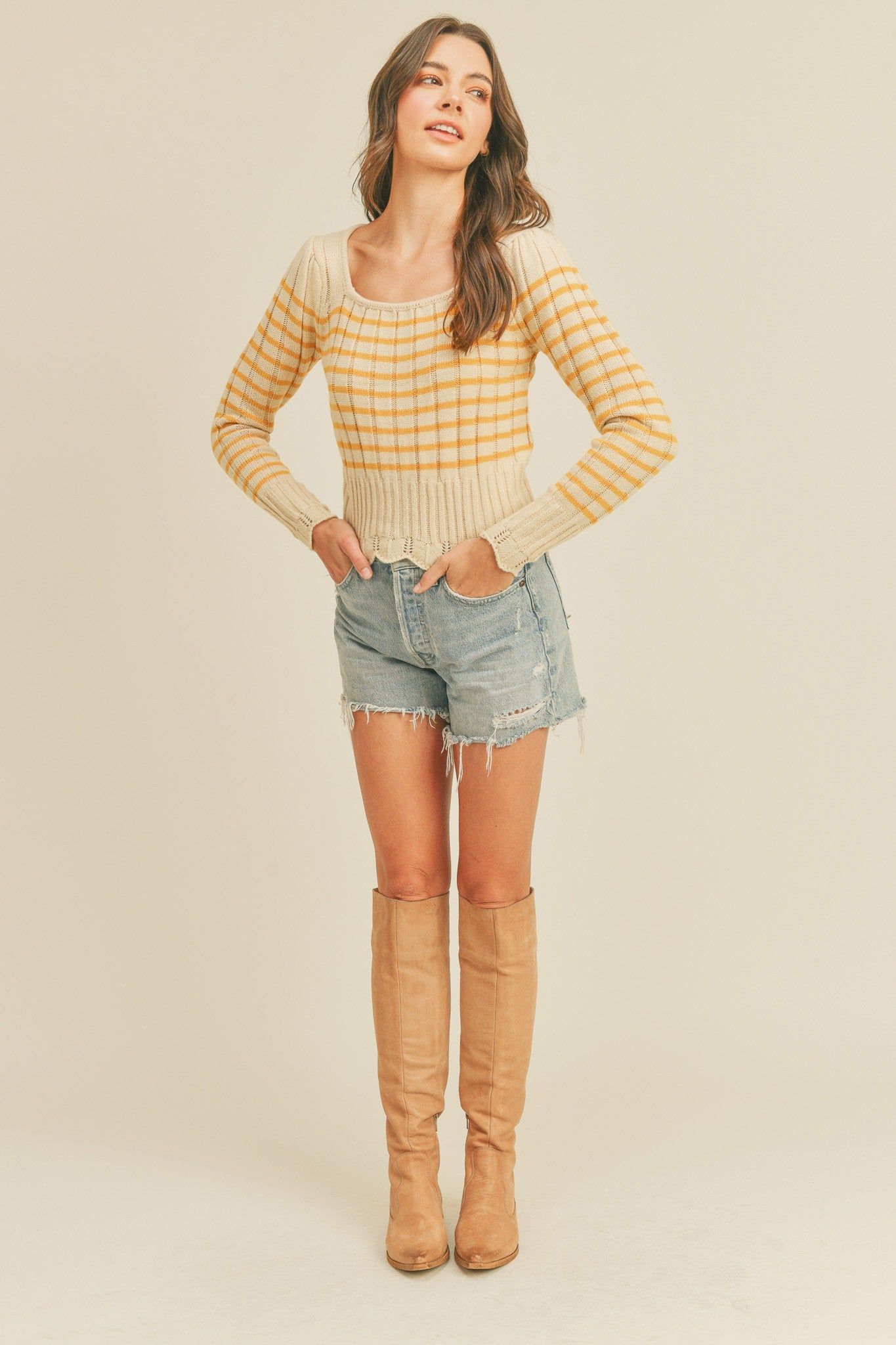 Cream Striped Sweater With Scalloped Pointelle Hem sold by Pinkblush product image thumbnail 4