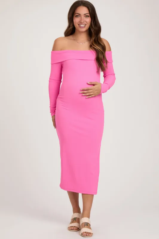 Pink Ribbed Off Shoulder Side Slit Maternity Midi Dress sold by Pinkblush