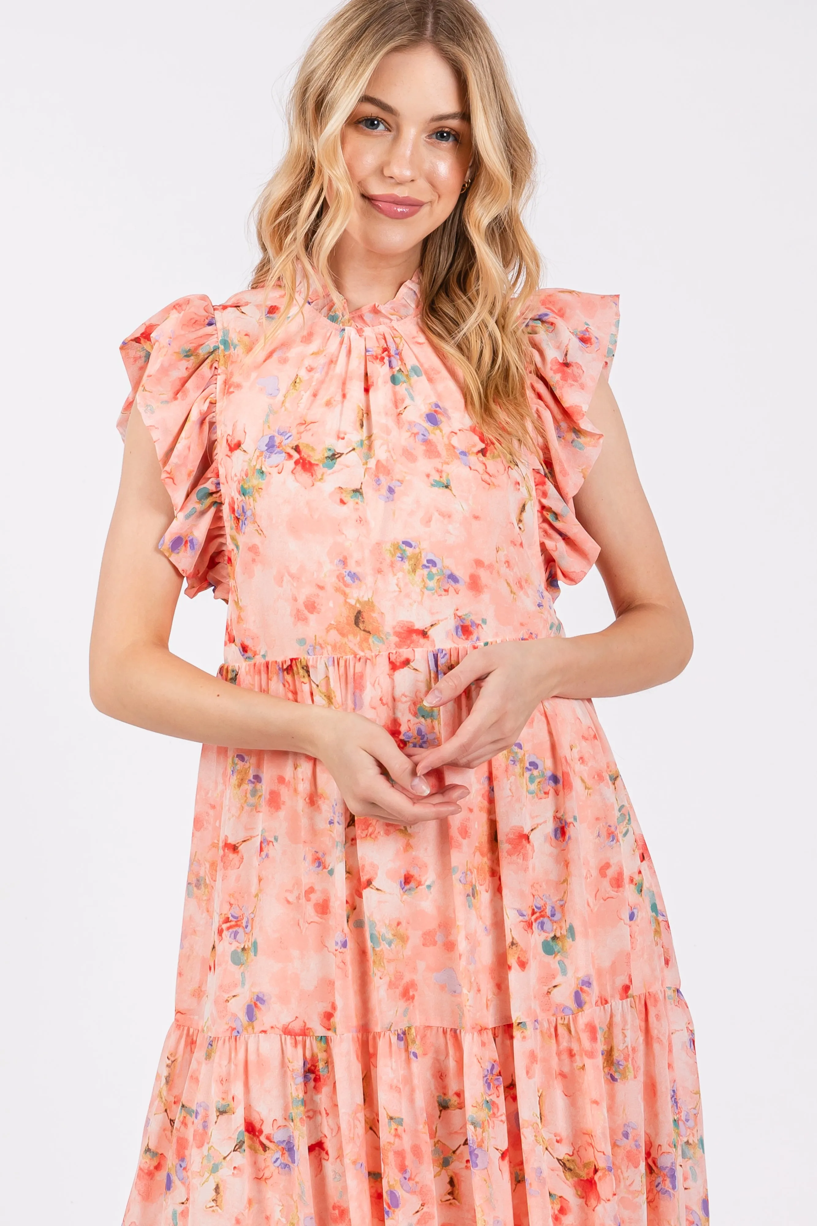 Peach Floral Chiffon Ruffle Shoulder Tiered Maxi Dress sold by Pinkblush product image thumbnail 4