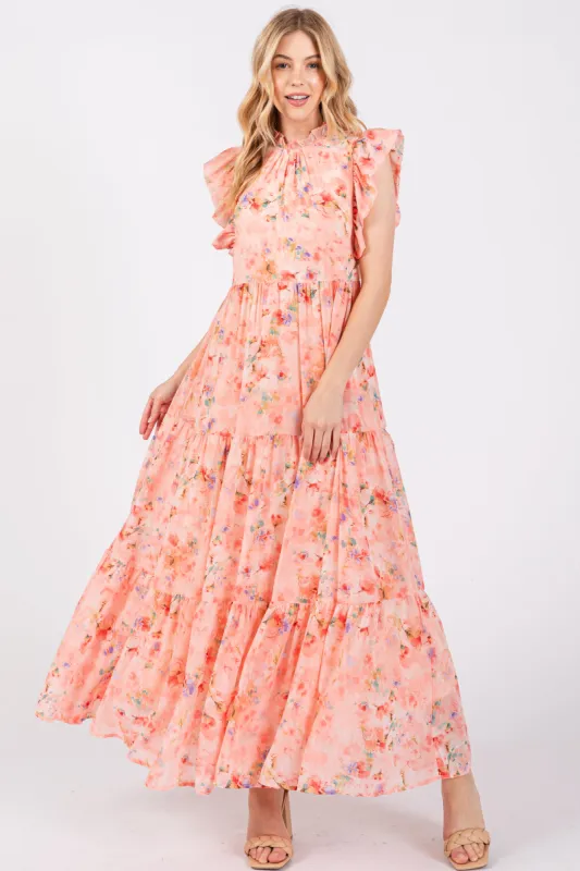 Peach Floral Chiffon Ruffle Shoulder Tiered Maxi Dress sold by Pinkblush