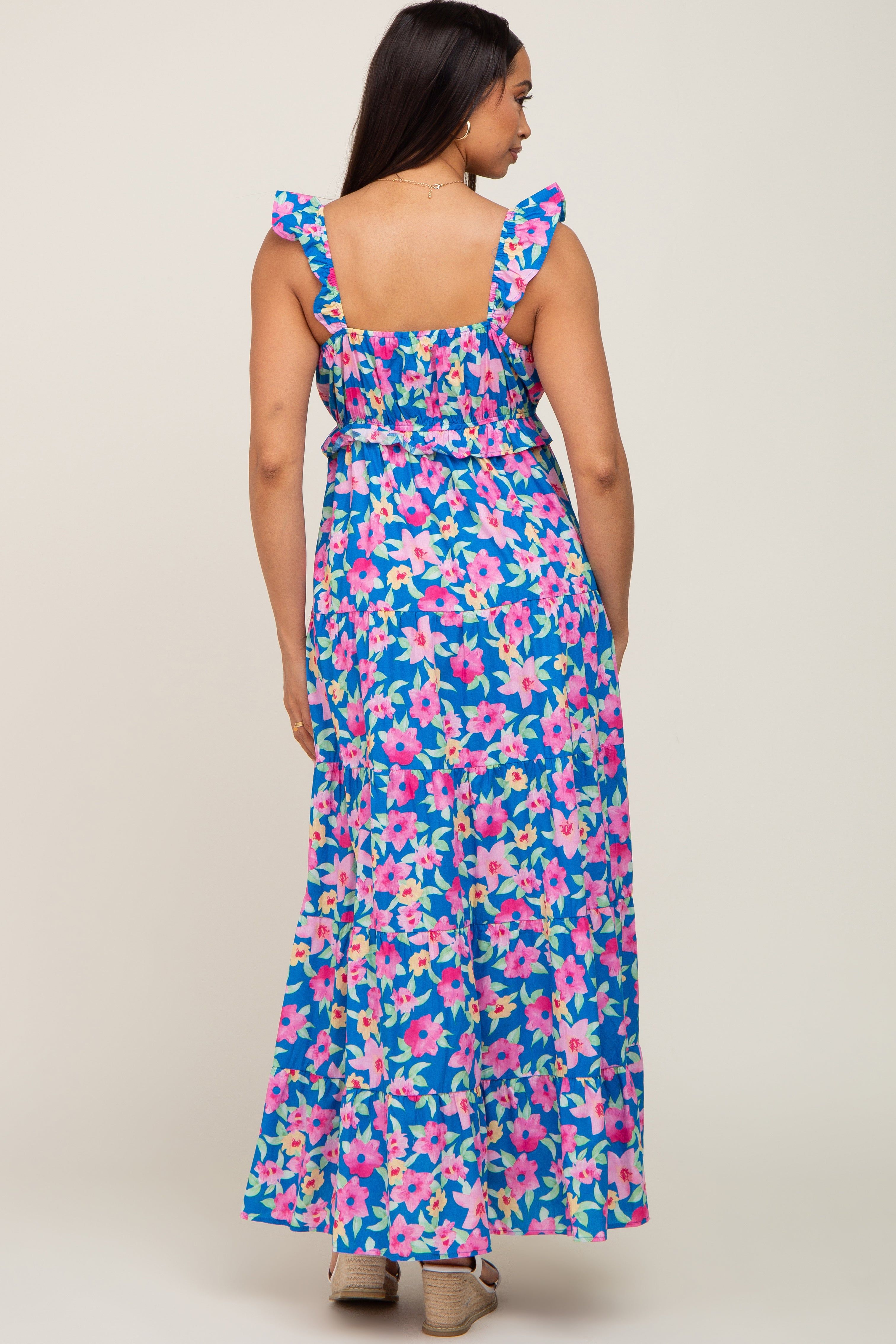 Royal Blue Floral Square Neck Ruffle Tiered Maxi Dress sold by Pinkblush product image thumbnail 3