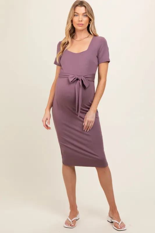 Purple Square Neck Belted Maternity Midi Dress sold by Pinkblush