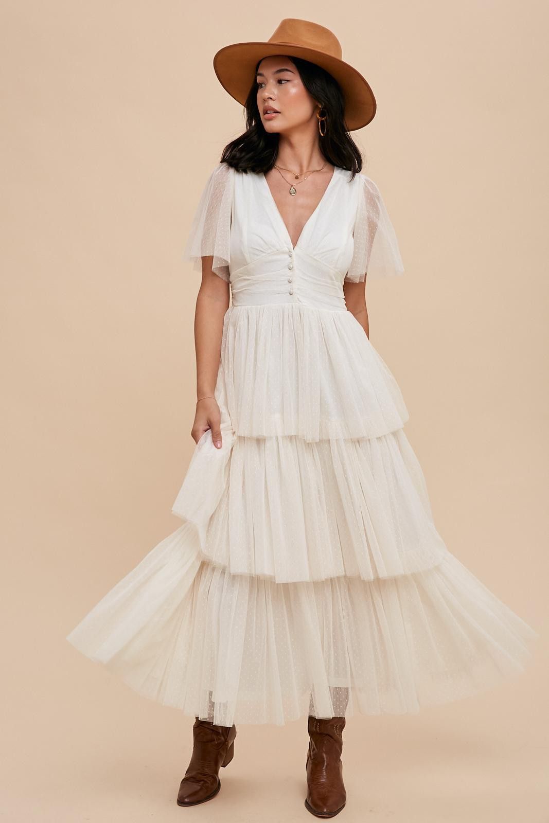 Creme Swiss Dot Mesh Tiered Dress sold by Pinkblush