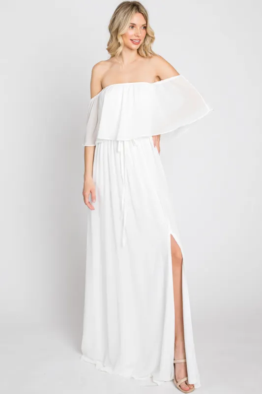Ivory Chiffon Off Shoulder Maxi Dress sold by Pinkblush